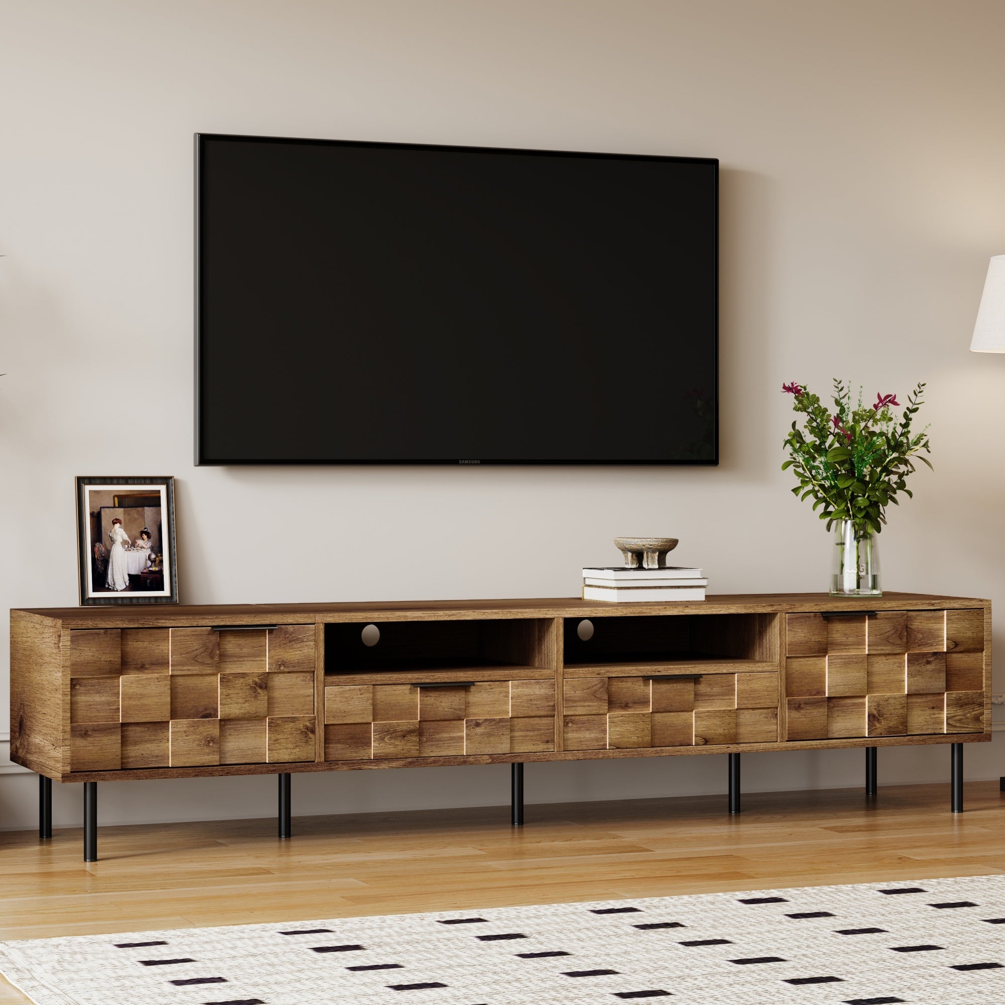 TV Stand Mid-Century Natural Particle Board 2-Drawer Open Storage Fits 85 In TV