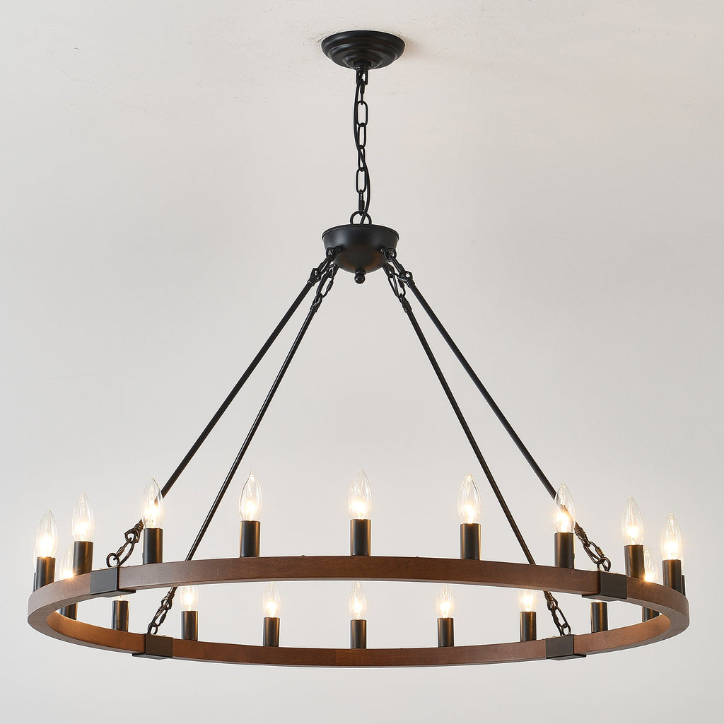 Chandelier Wood Wagon Wheel 20-Light Farmhouse Matte Black 39.3 In