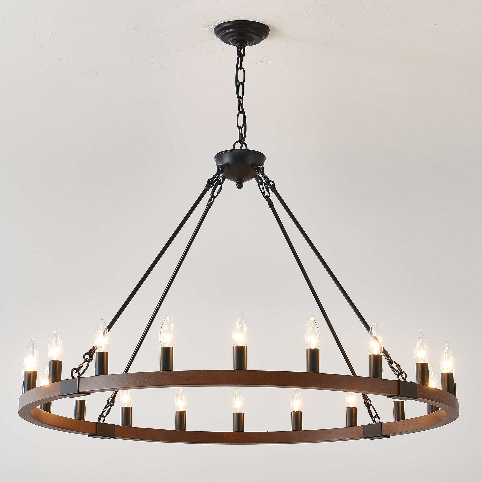 Chandelier Wood Wagon Wheel 20-Light Farmhouse Matte Black 39.3 In