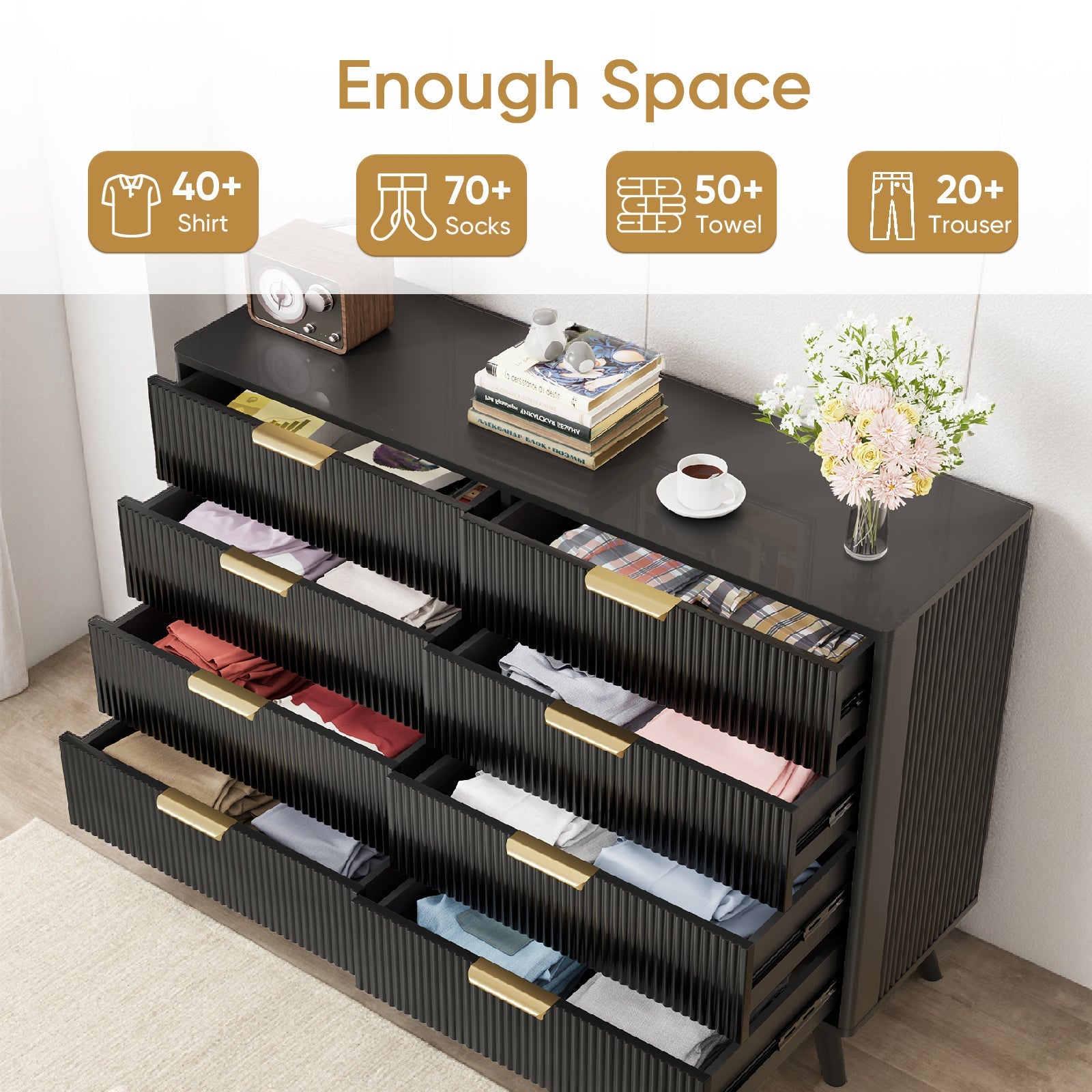 Dresser Boho 8-Drawer Black Particle Board Fluted Wave Relief 47.2x35.4 In