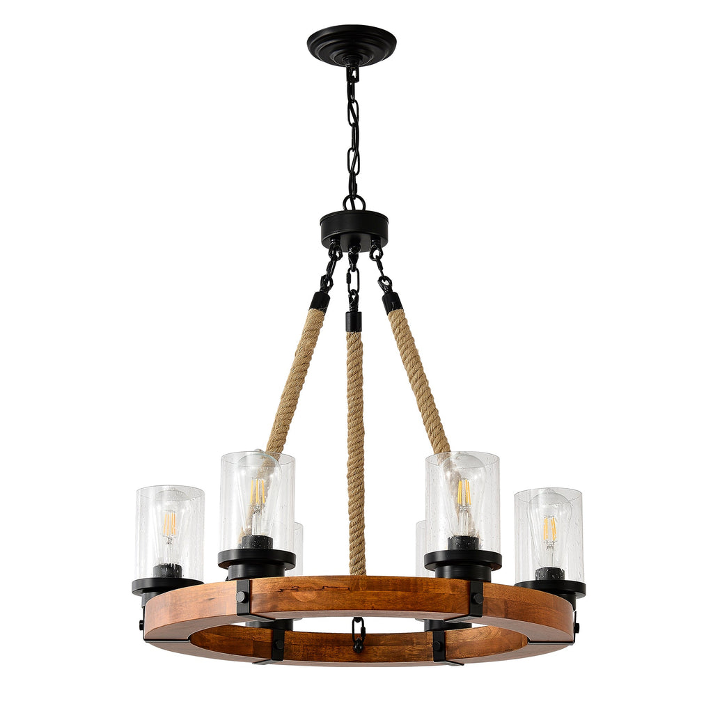 Chandelier Wood Round 6-Light Wagon Wheel Farmhouse Seeded Glass 23.62 In