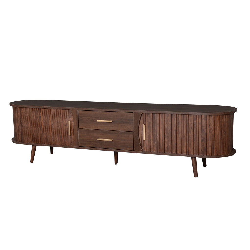 TV Stand Mid-Century Dark Brown Solid Wood Sliding Door Fits 80 In TV 70.8 In