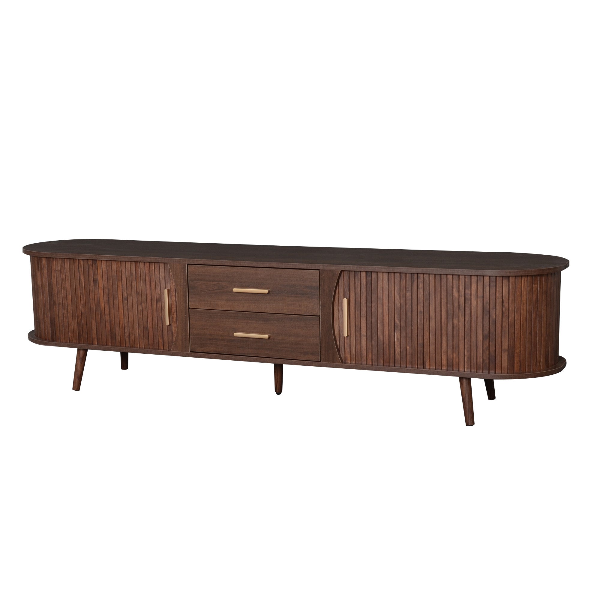TV Stand Mid-Century Dark Brown Solid Wood Sliding Door Fits 80 In TV 70.8 In