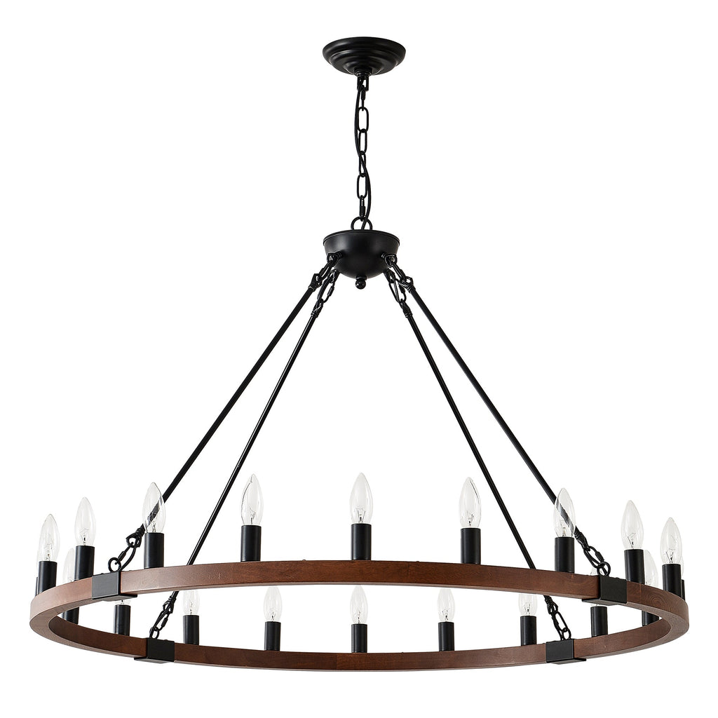 Chandelier Wood Wagon Wheel 20-Light Farmhouse Matte Black 39.3 In