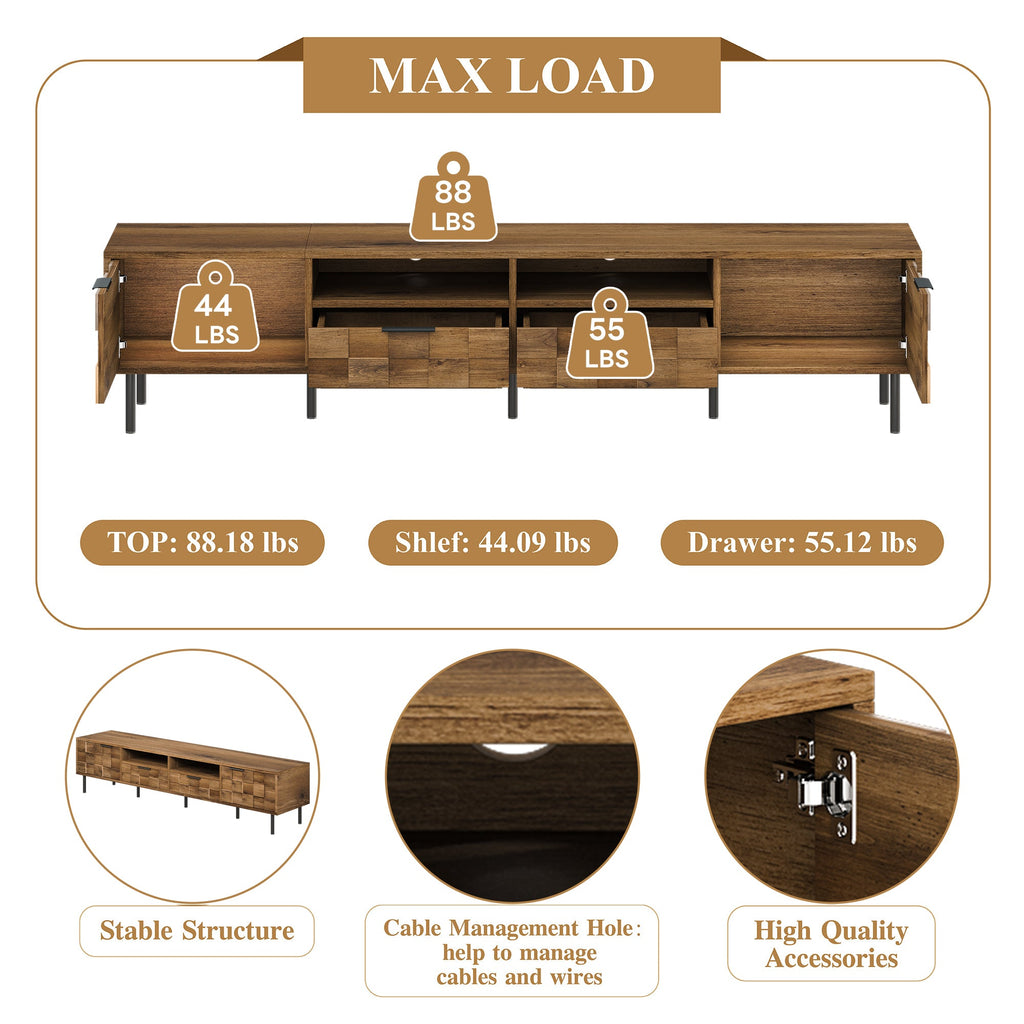 TV Stand Mid-Century Natural Particle Board 2-Drawer Open Storage Fits 85 In TV