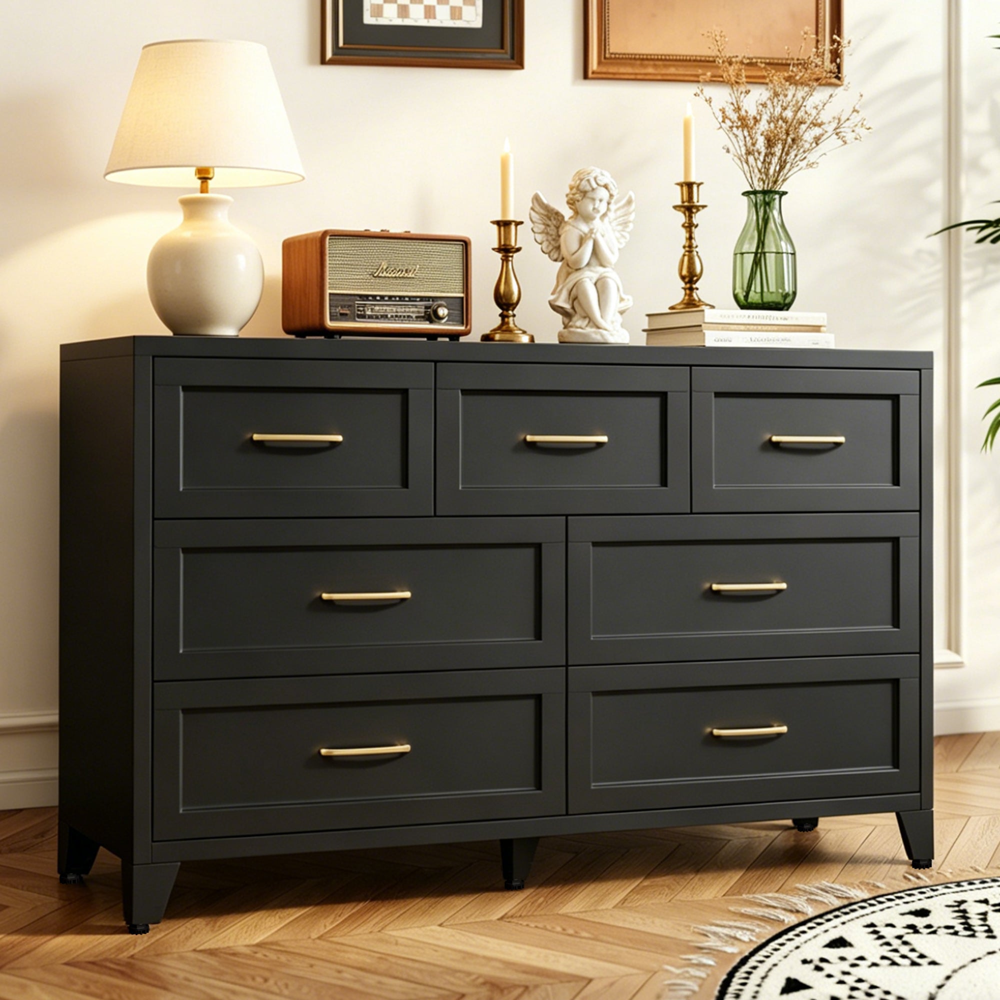 Dresser Low-Profile 7-Drawer Black Steel Smooth Glide 47.3x15.8x30.8 In