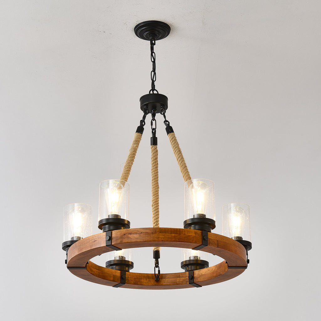 Chandelier Wood Round 6-Light Wagon Wheel Farmhouse Seeded Glass 23.62 In