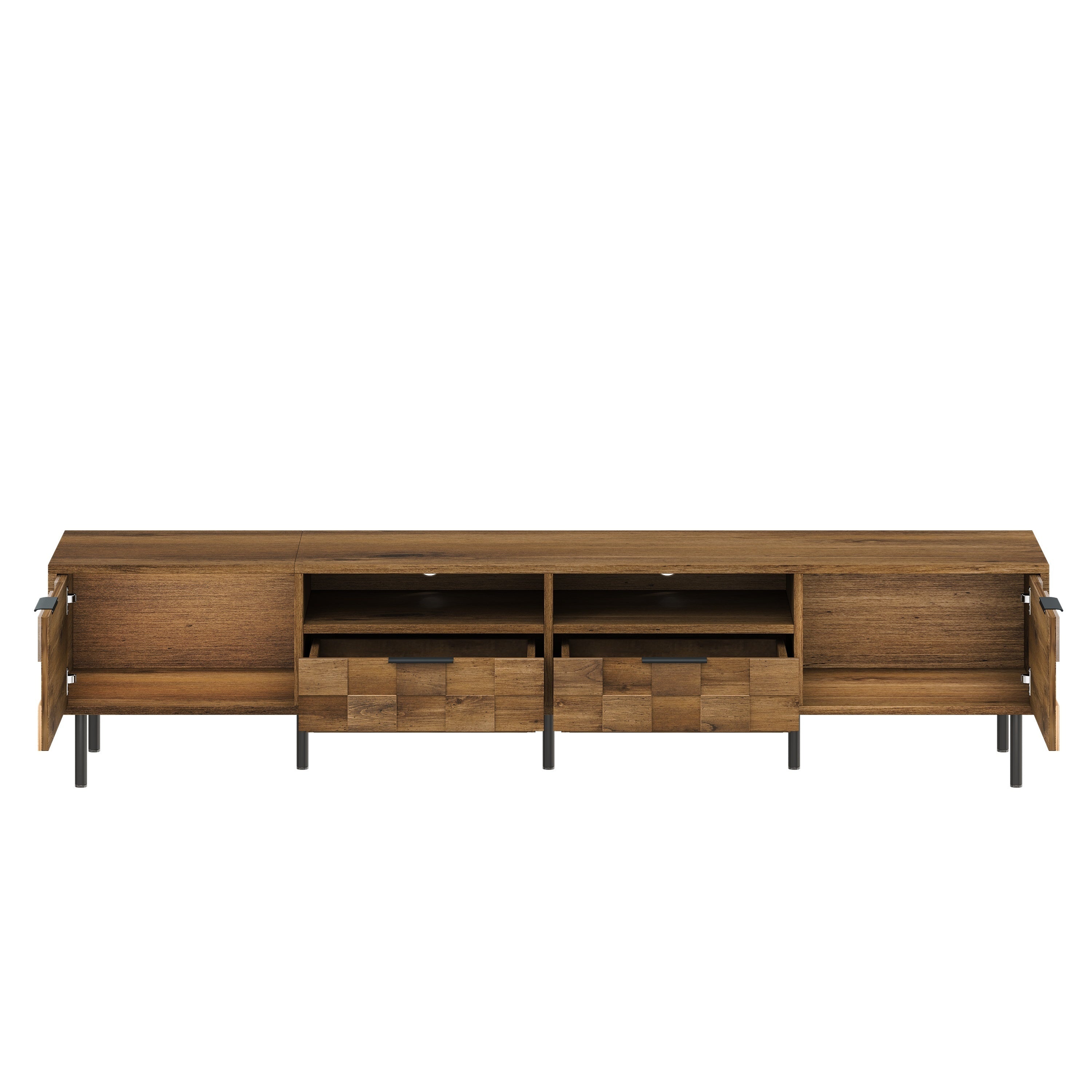 TV Stand Mid-Century Natural Particle Board 2-Drawer Open Storage Fits 85 In TV
