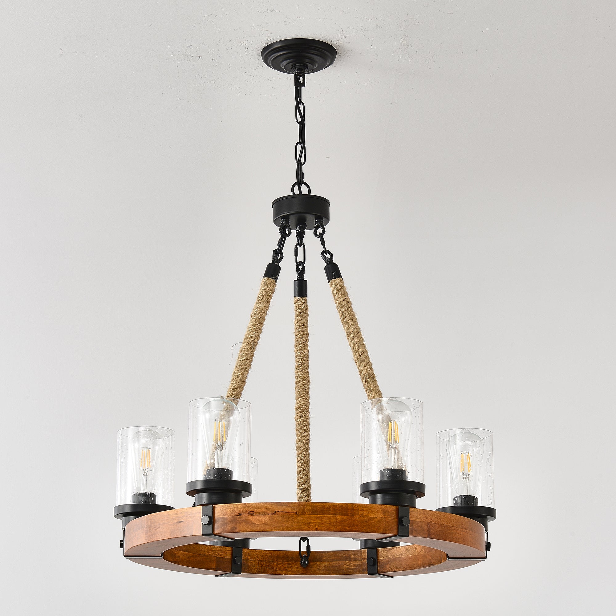 Chandelier Wood Round 6-Light Wagon Wheel Farmhouse Seeded Glass 23.62 In