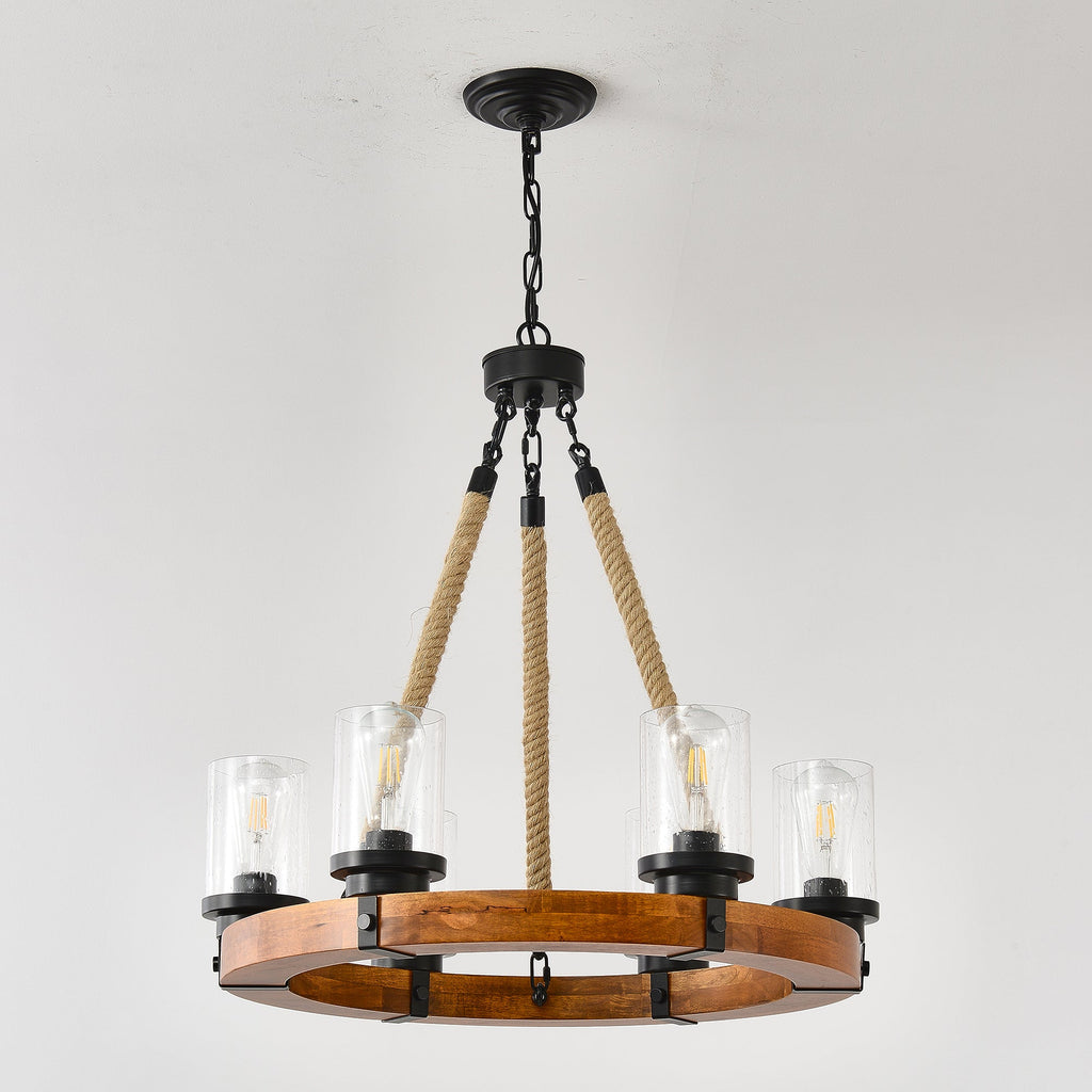 Chandelier Wood Round 6-Light Wagon Wheel Farmhouse Seeded Glass 23.62 In