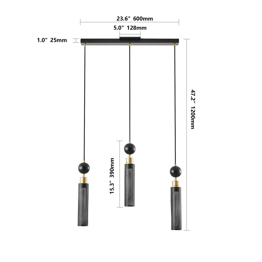 Chandelier 3-Light Black Gold Pendant Cylindrical Mesh Shades 25 In