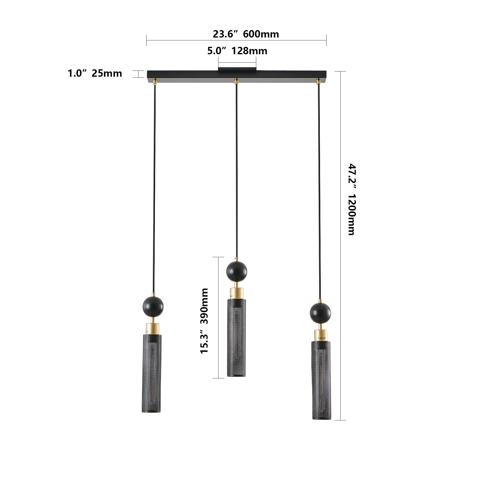 Chandelier 3-Light Black Gold Pendant Cylindrical Mesh Shades 25 In