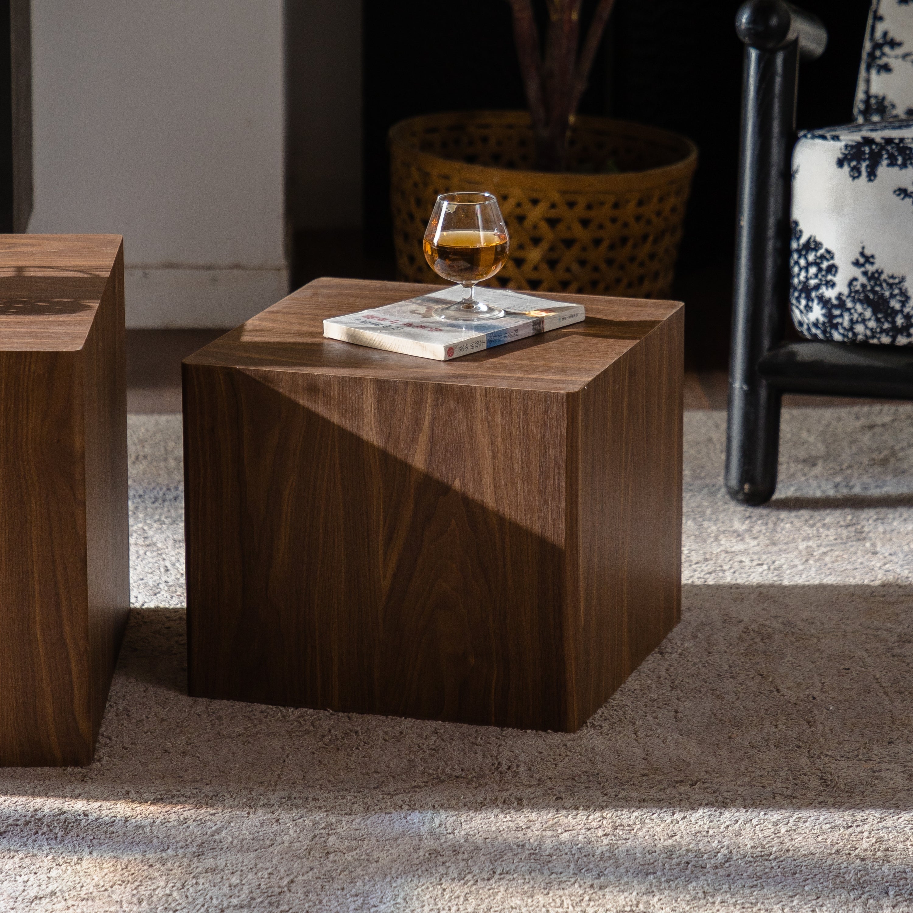 Set of 2 Walnut Cube Nesting Coffee Tables, MDF Wood Grain, Fully Assembled