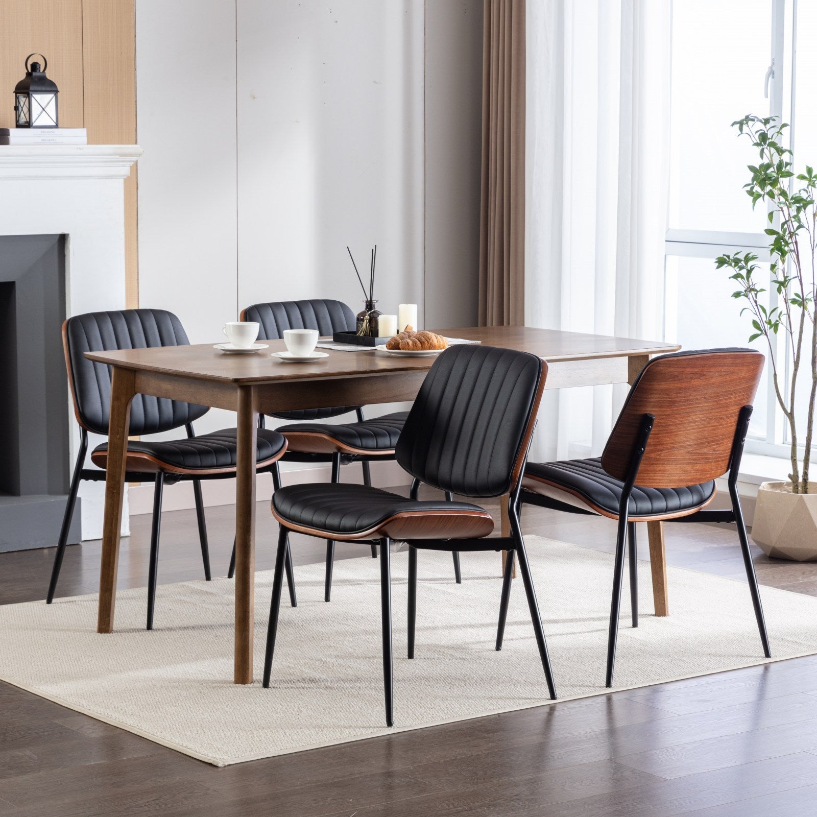 Dining Chairs Set of 2 Mid Century Modern Retro Faux Leather Chair with Walnut