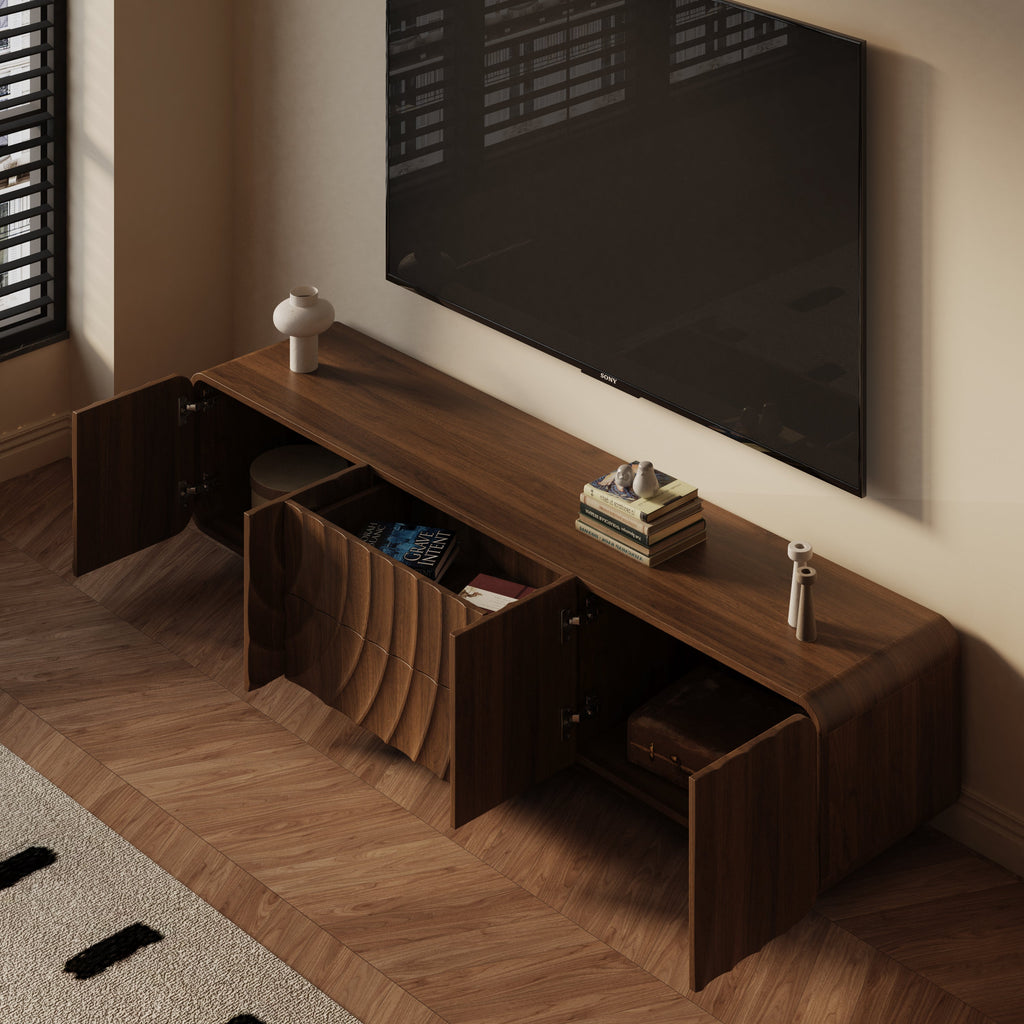 Mid-Century Walnut TV Stand Floating Base for 85" TVs