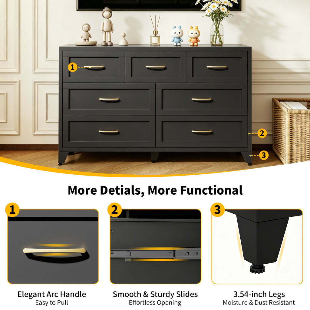 Dresser Low-Profile 7-Drawer Black Steel Smooth Glide 47.3x15.8x30.8 In