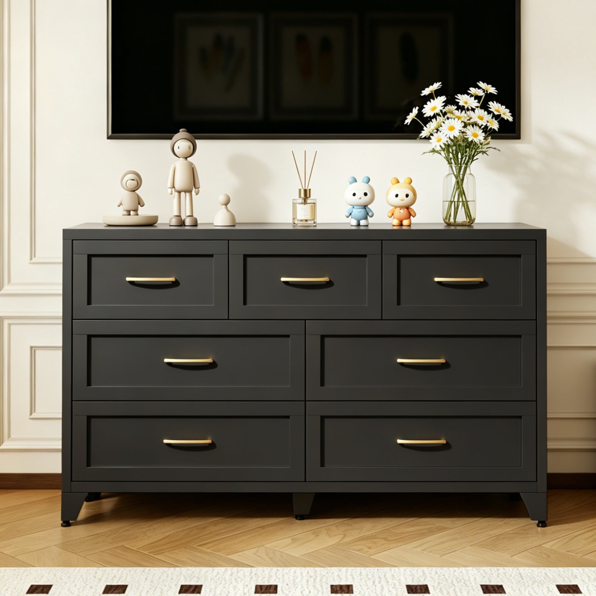 Dresser Low-Profile 7-Drawer Black Steel Smooth Glide 47.3x15.8x30.8 In