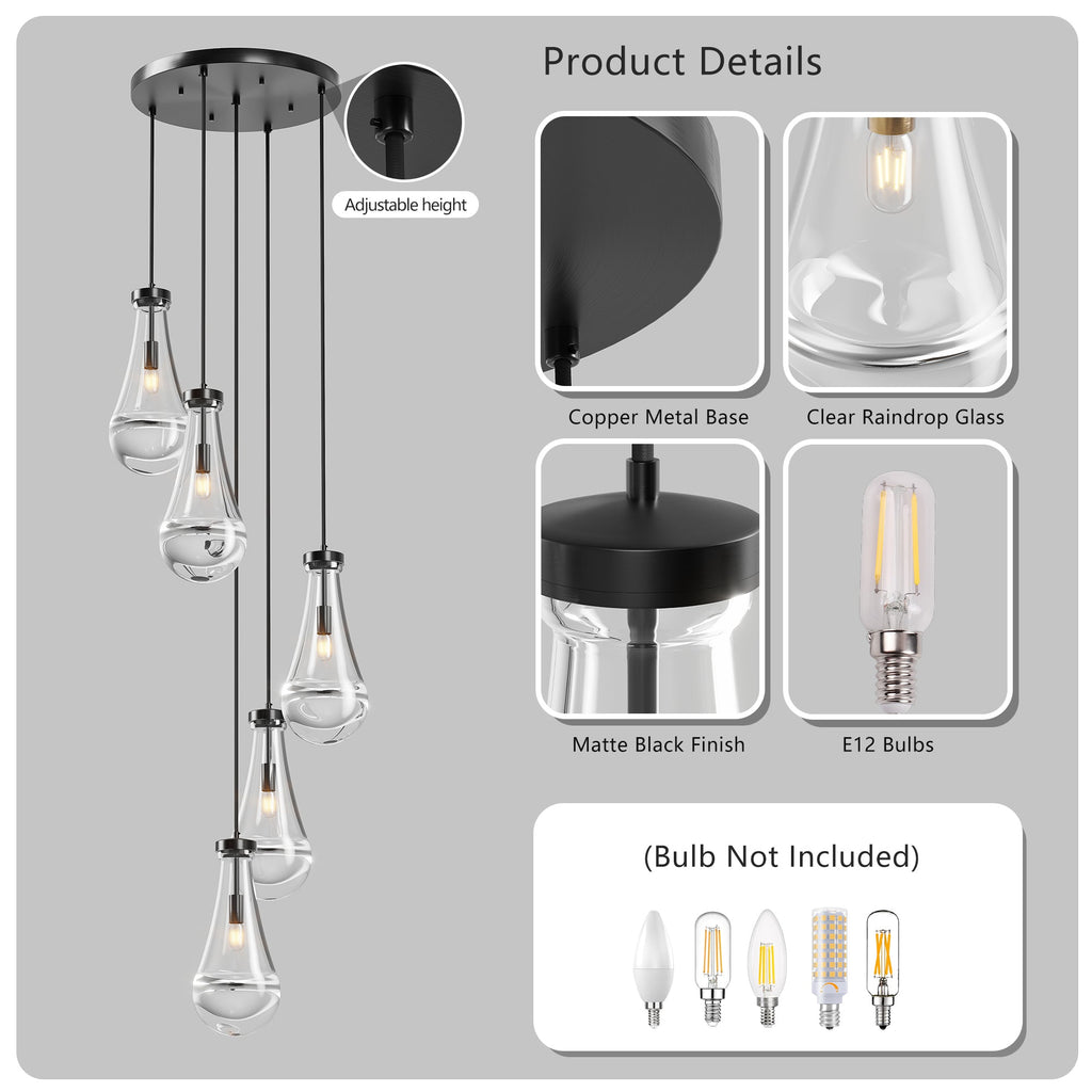 Chandelier 5-Light Cluster Pendant Black High Ceiling Adjustable E12