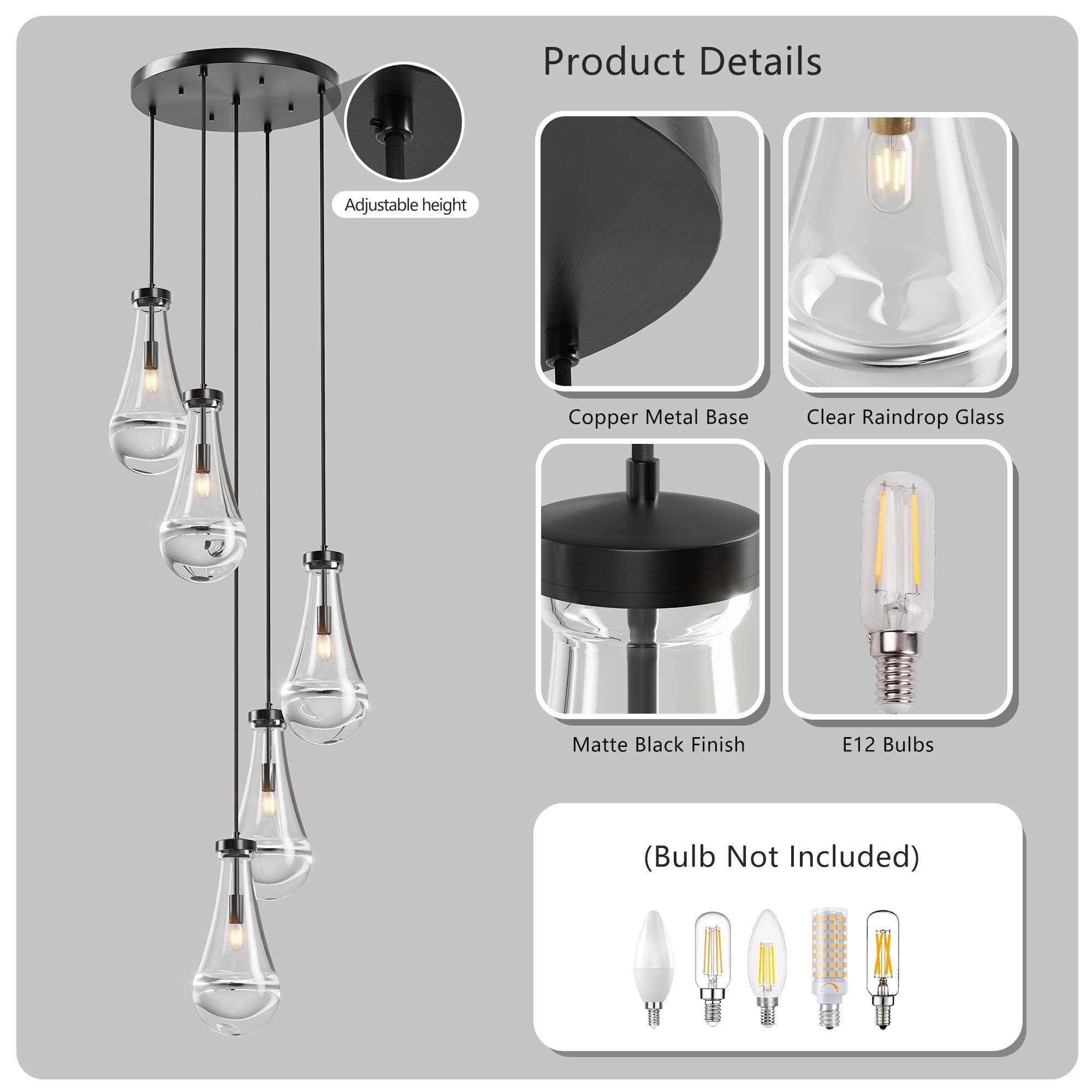 Chandelier 5-Light Cluster Pendant Black High Ceiling Adjustable E12
