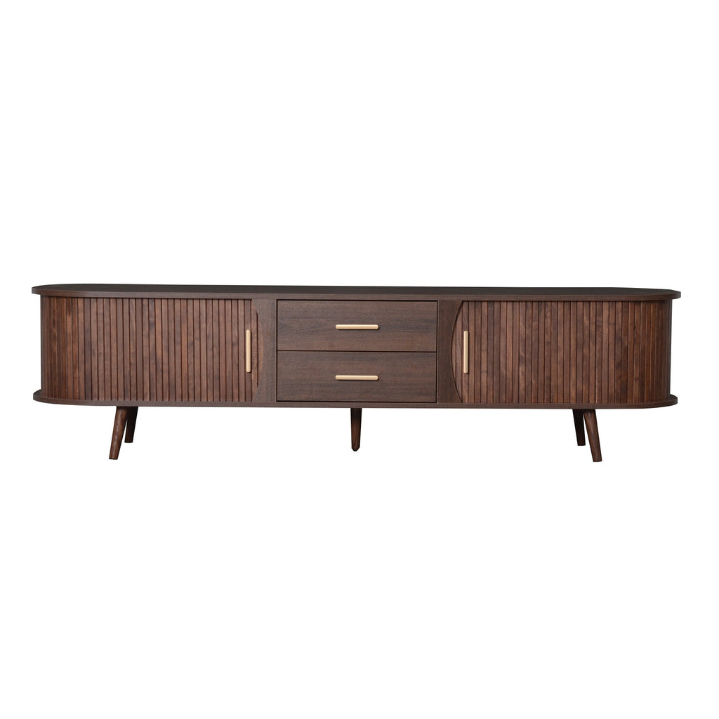 TV Stand Mid-Century Dark Brown Solid Wood Sliding Door Fits 80 In TV 70.8 In