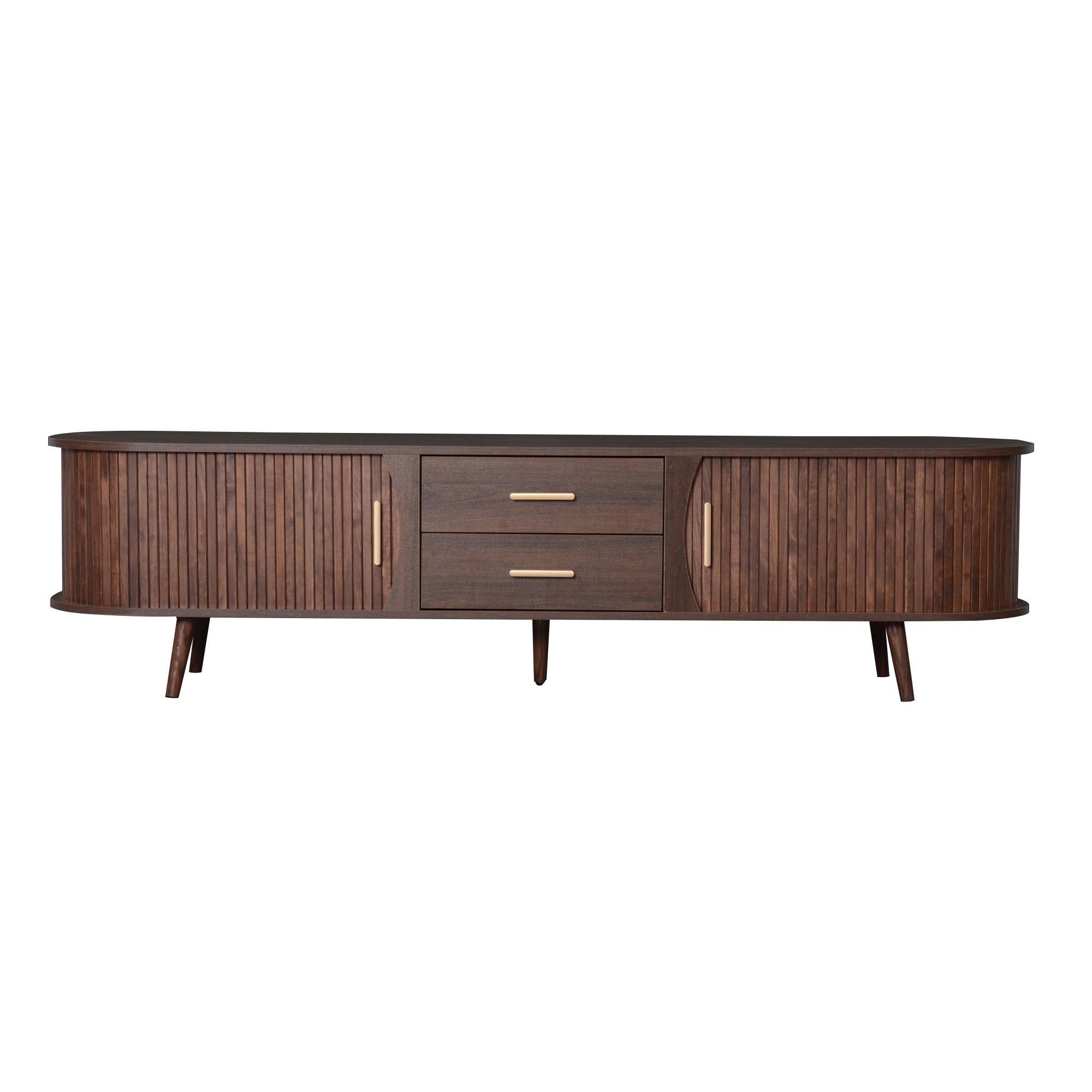 TV Stand Mid-Century Dark Brown Solid Wood Sliding Door Fits 80 In TV 70.8 In