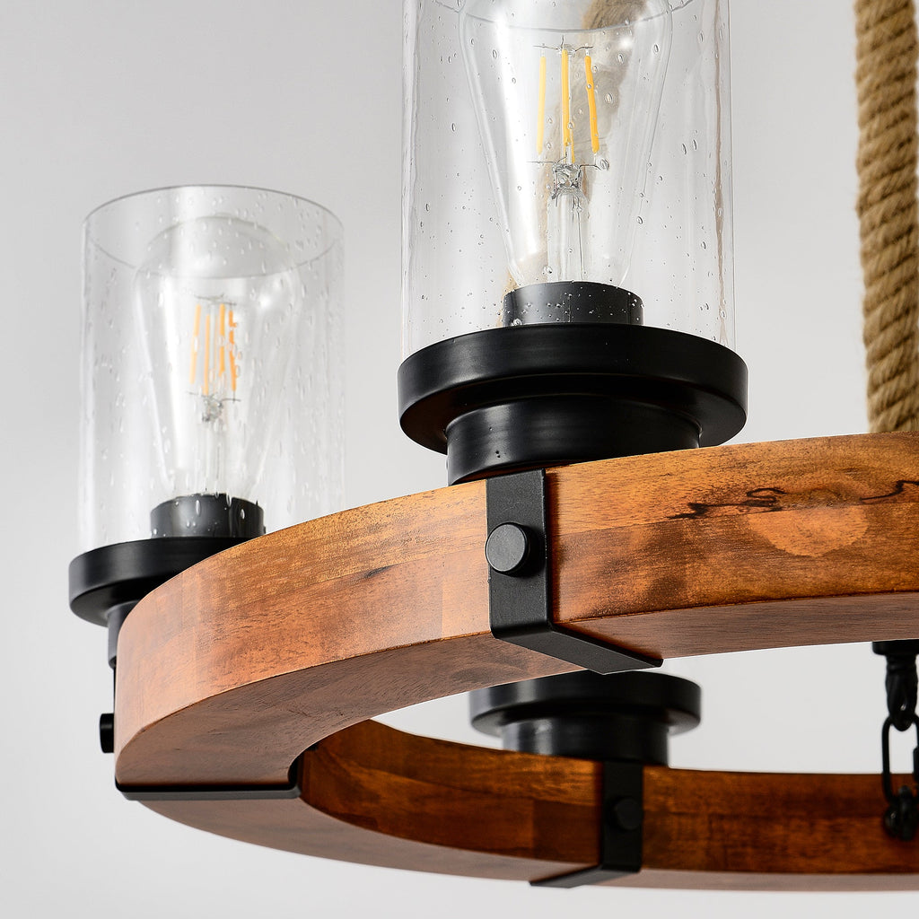 Chandelier Wood Round 6-Light Wagon Wheel Farmhouse Seeded Glass 23.62 In