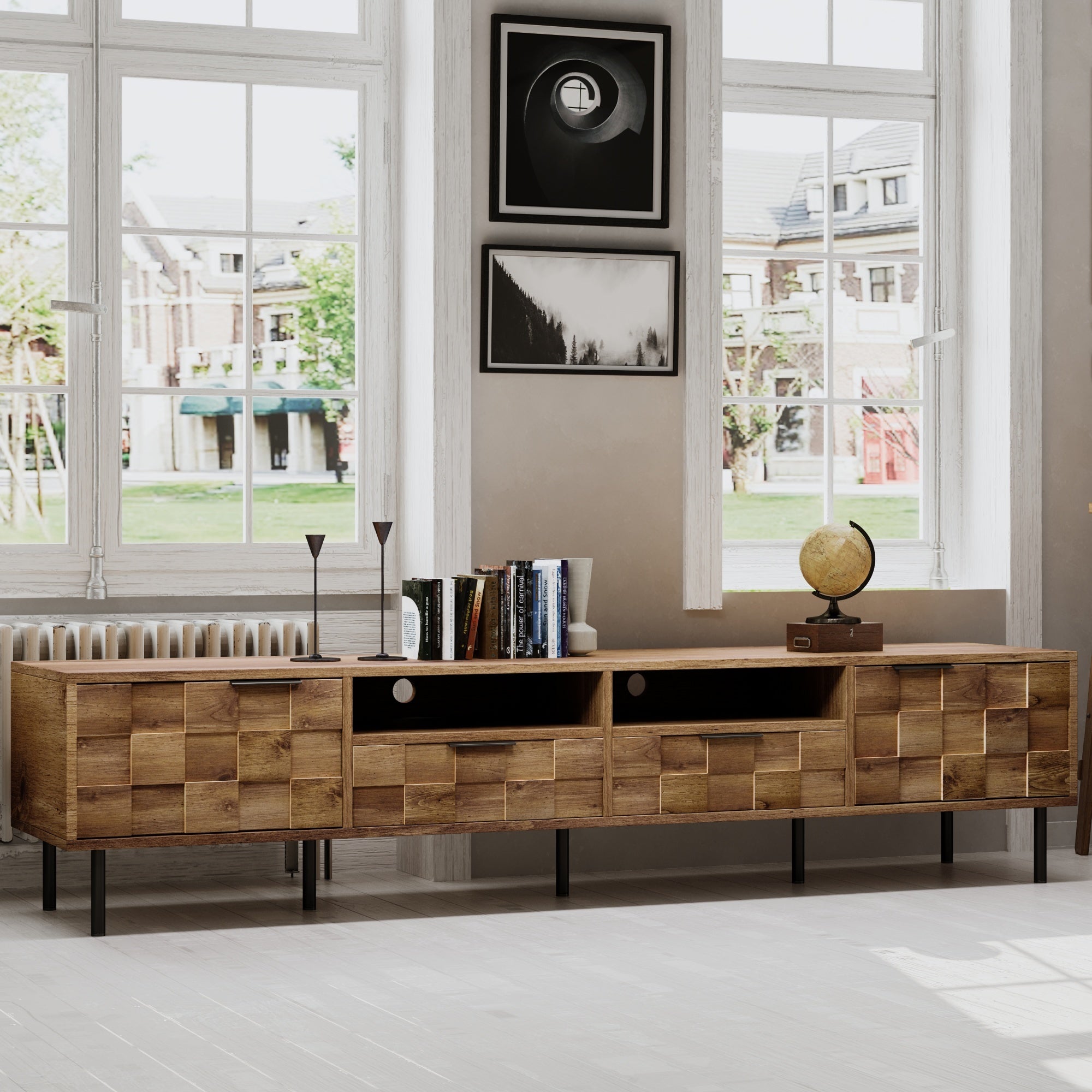 TV Stand Mid-Century Natural Particle Board 2-Drawer Open Storage Fits 85 In TV
