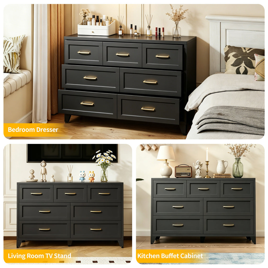 Dresser Low-Profile 7-Drawer Black Steel Smooth Glide 47.3x15.8x30.8 In