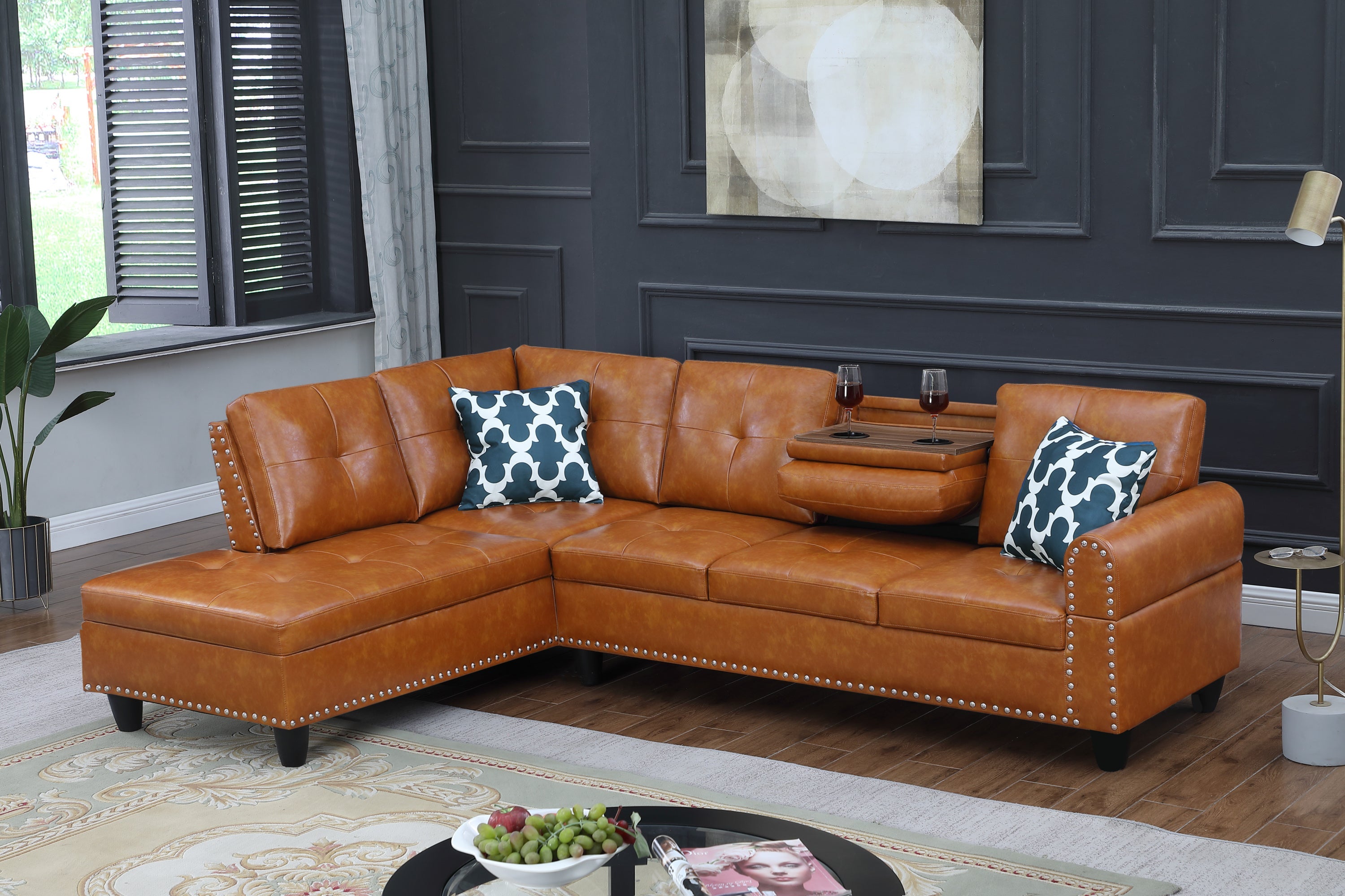 Sectional Sofa L-Shape Faux Leather Ginger 3 Seat Tufted Nailhead