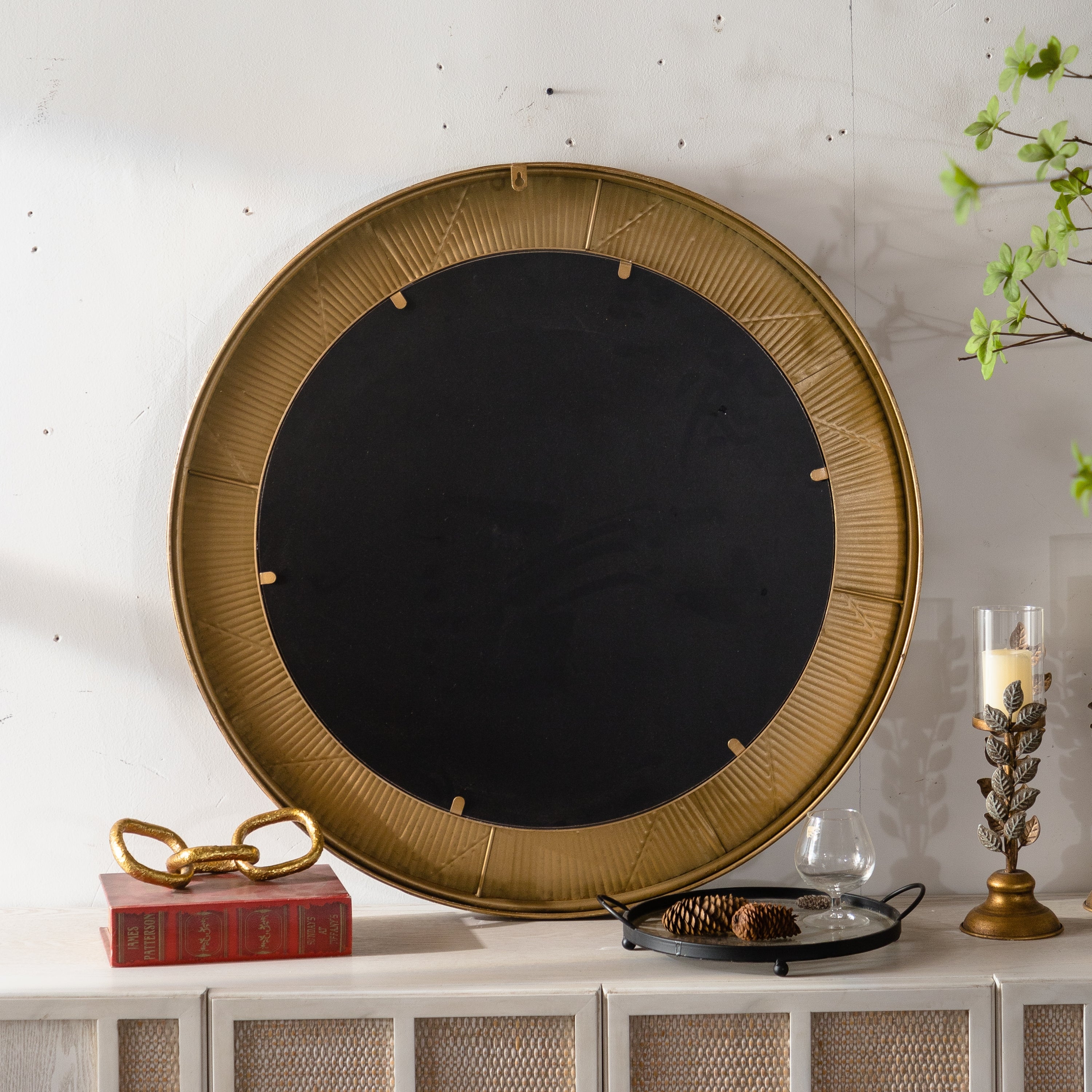Wall Mirror Round Gold Textured Iron Frame Boho Vintage 31.3 In