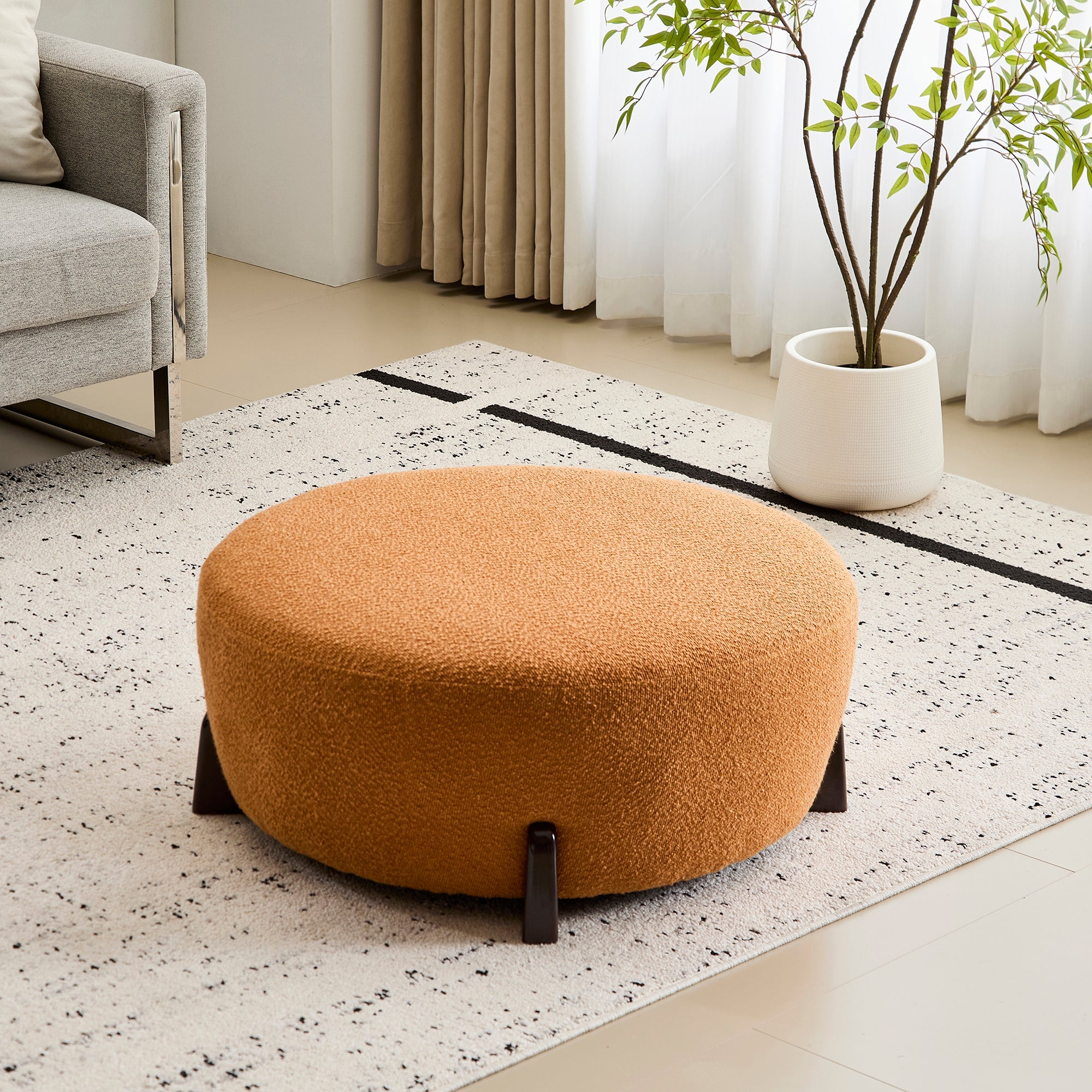 Modish Round Ottoman Boucle Top Splayed Rubberwood Legs, Pumpkin Orange