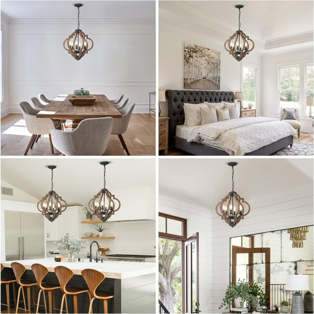 Chandelier Farmhouse 6-Light Rustic Wood Black Pendant Kitchen Island
