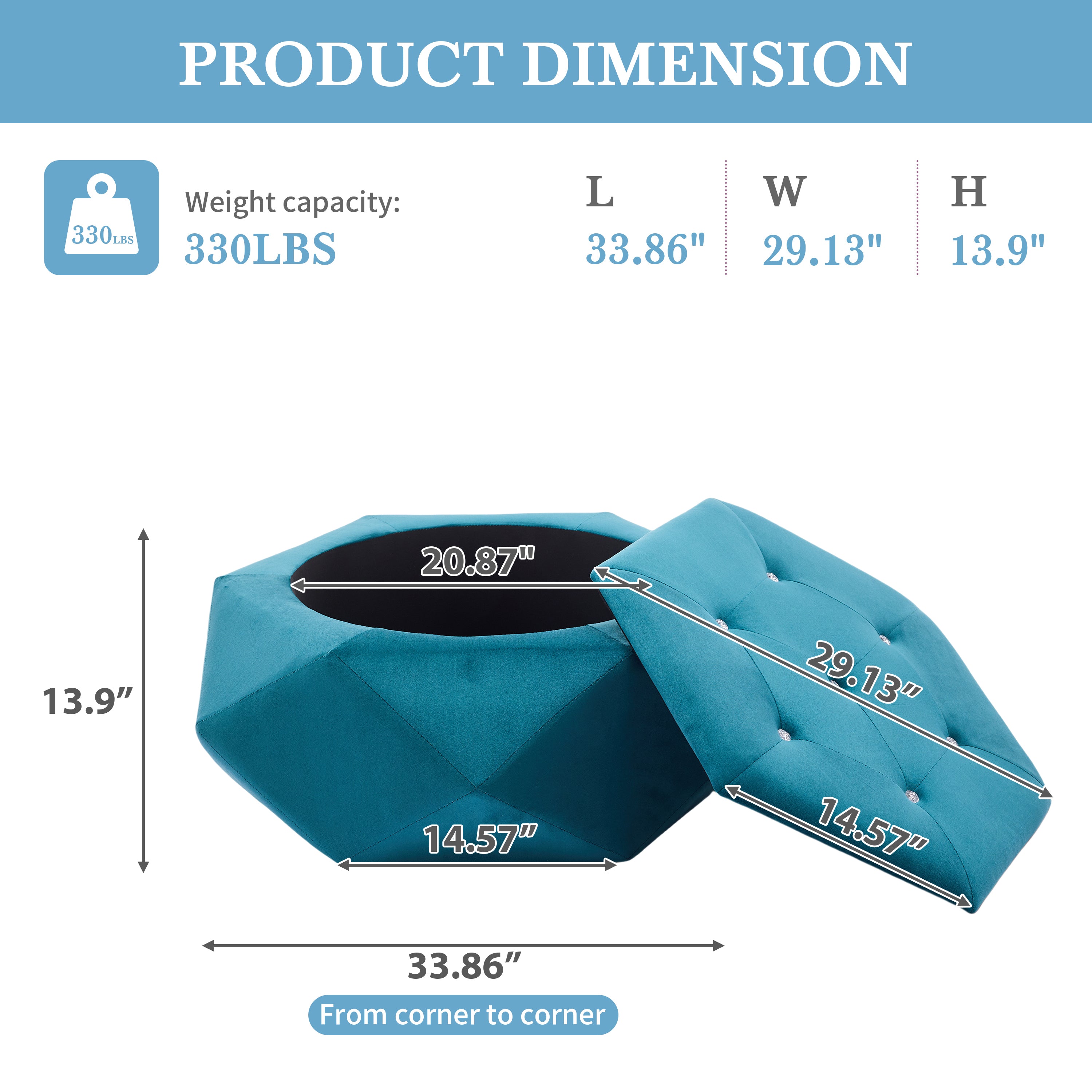Elegant Velvet Polygon Diamond Tufted Storage Ottoman, Blue