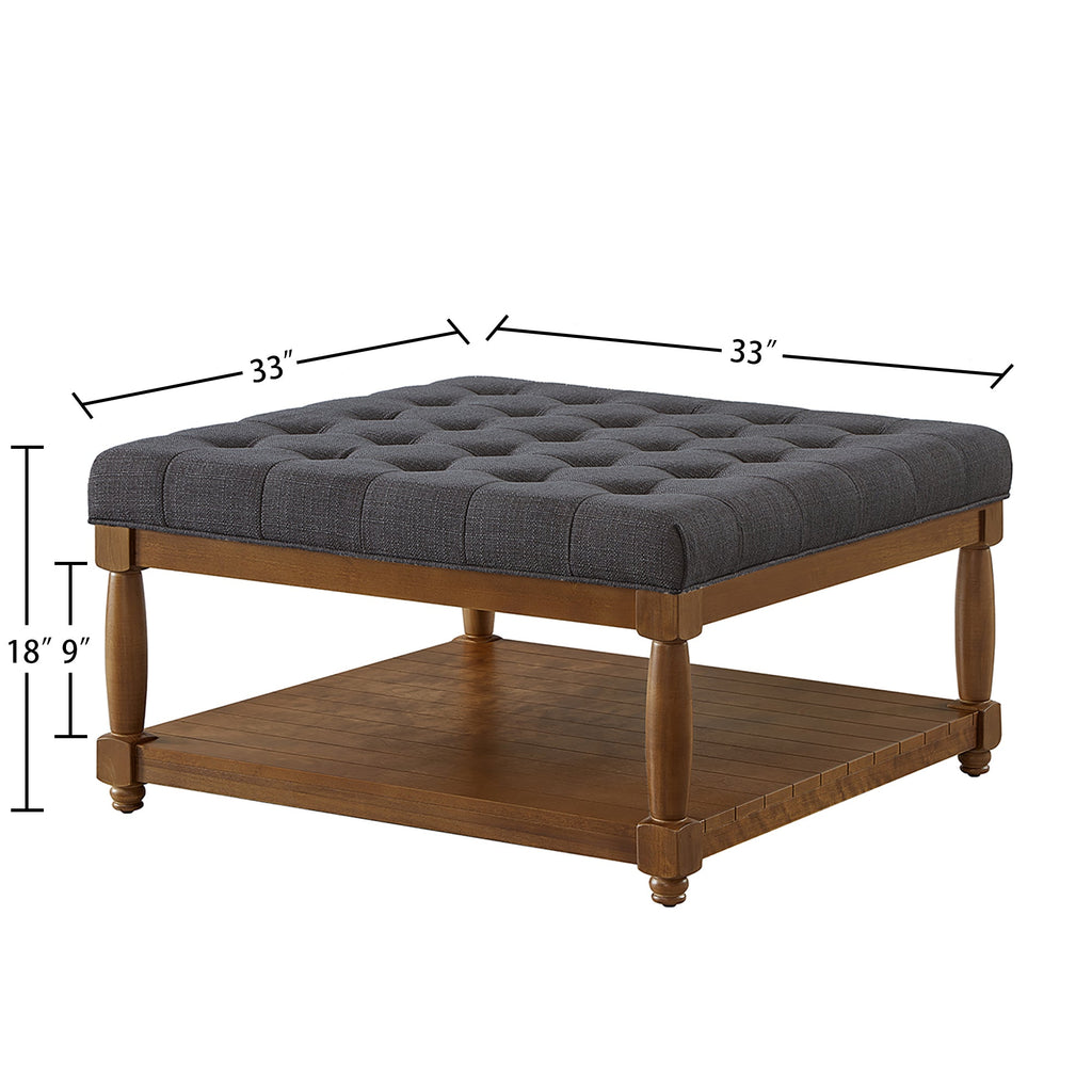 Large Square Upholstered Tufted Linen Ottoman Coffee Table, Charcoal