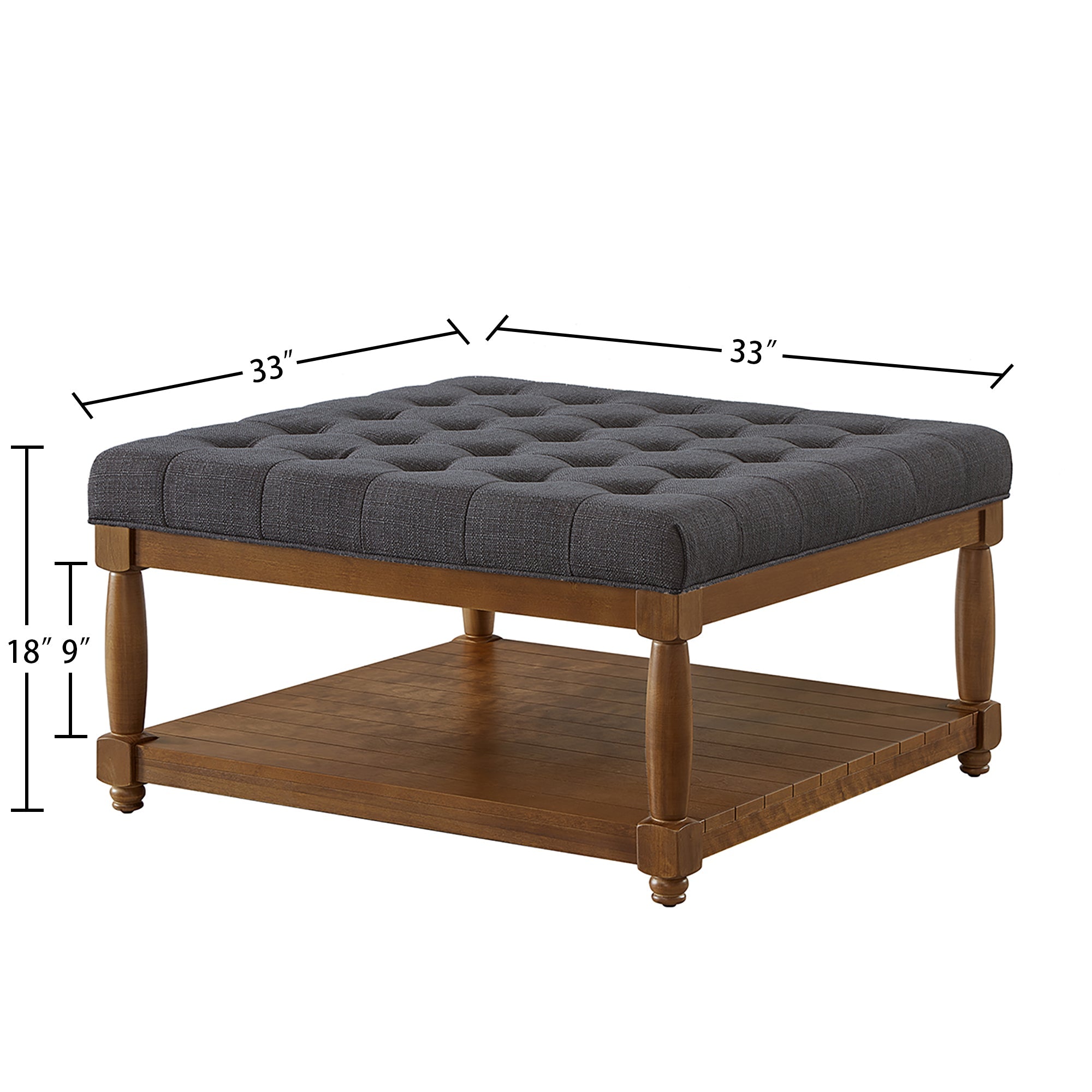 Large Square Upholstered Tufted Linen Ottoman Coffee Table, Charcoal