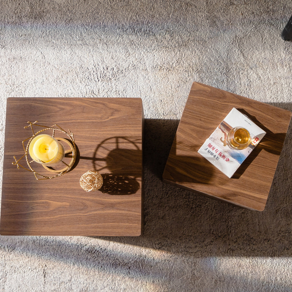 Set of 2 Walnut Cube Nesting Coffee Tables, MDF Wood Grain, Fully Assembled