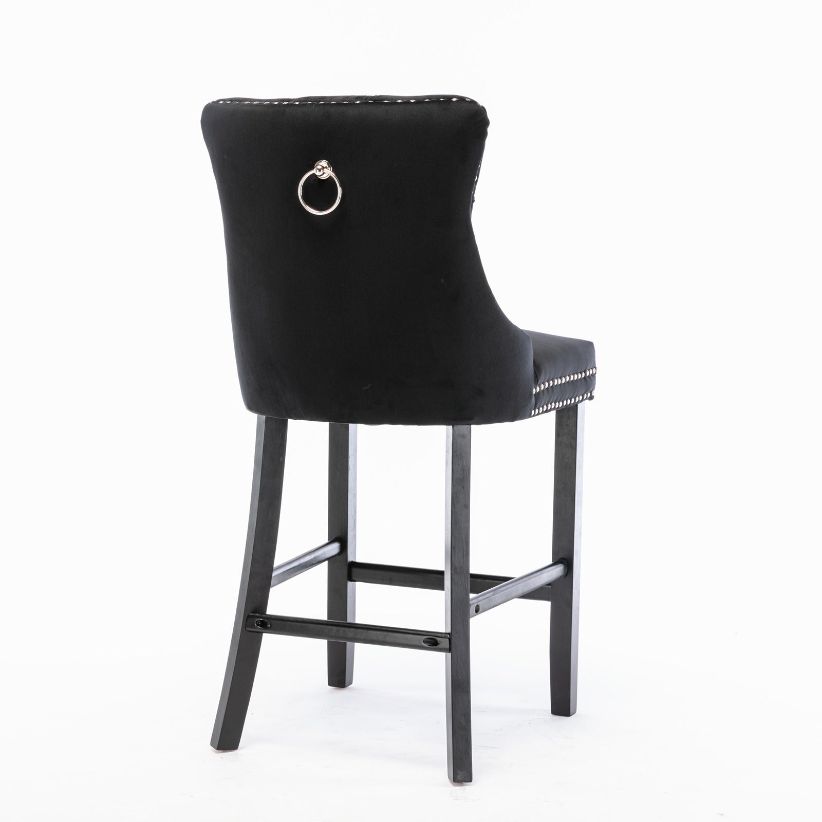 Contemporary Velvet Upholstered Barstools Button Tufted with Wood Legs, Set of 2, Black