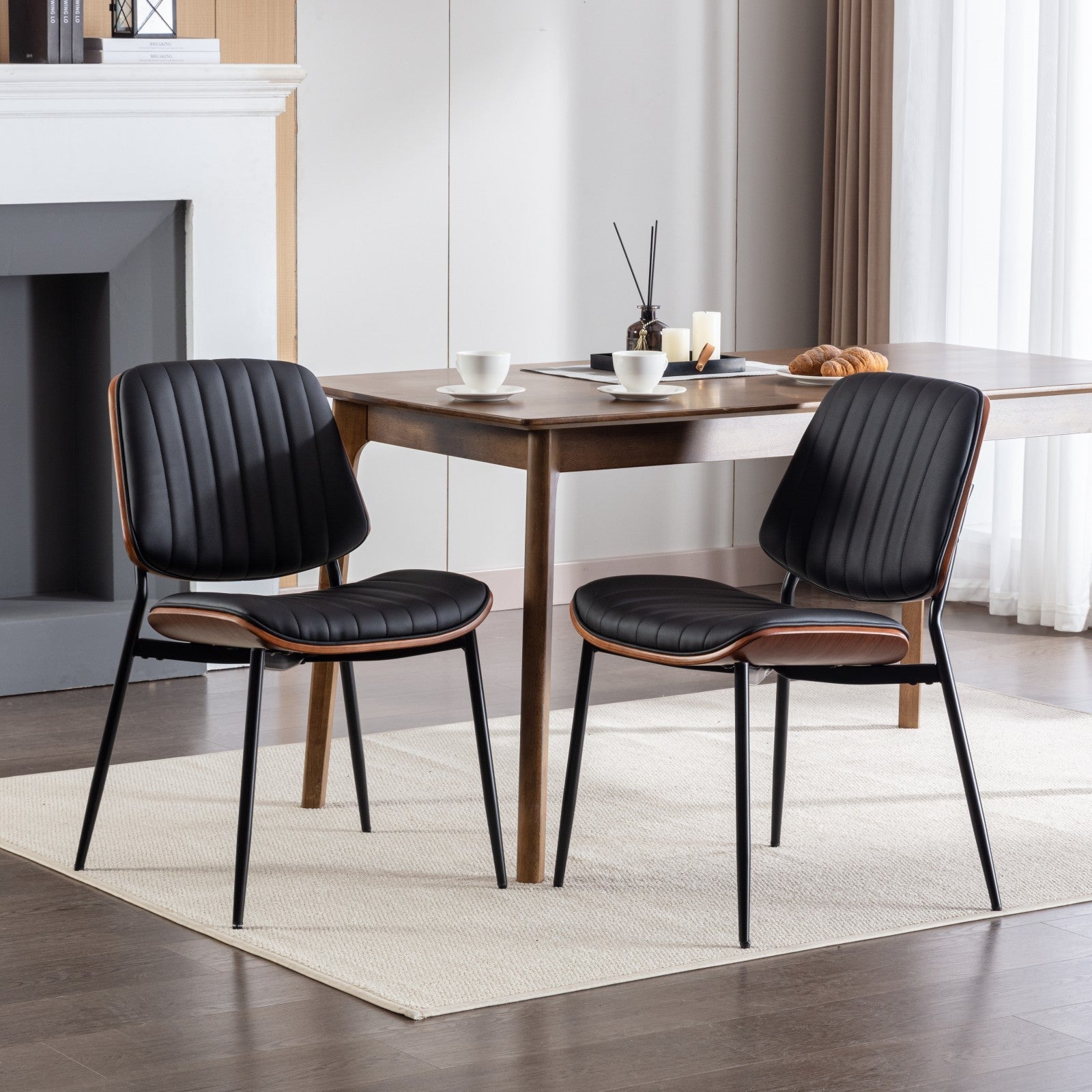 Dining Chairs Set of 2 Mid Century Modern Retro Faux Leather Chair with Walnut