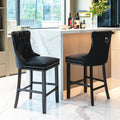 Contemporary Velvet Upholstered Barstools Button Tufted with Wood Legs, Set of 2, Black