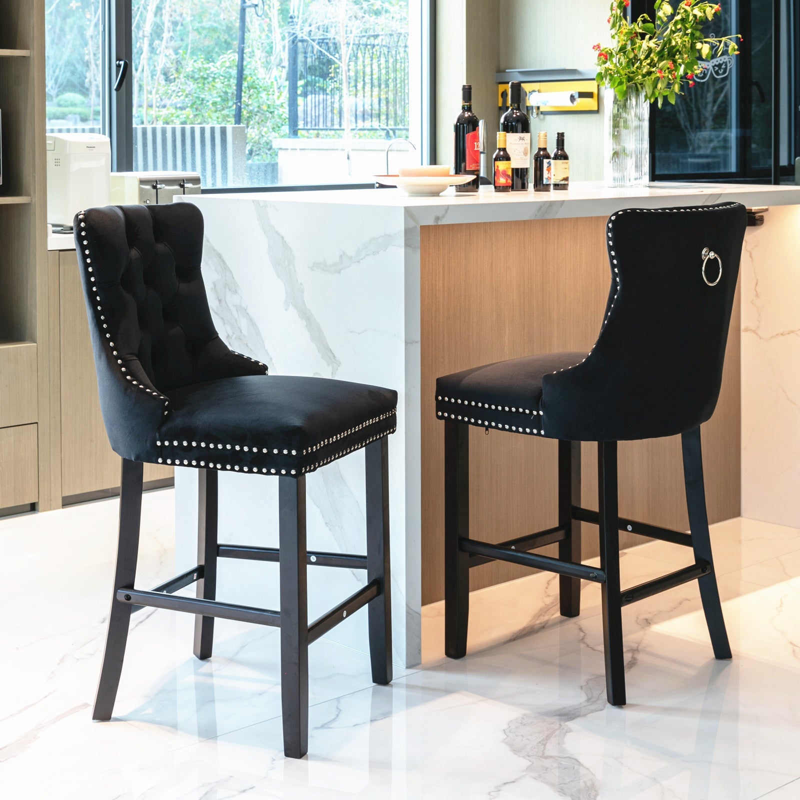 Contemporary Velvet Upholstered Barstools Button Tufted with Wood Legs, Set of 2, Black