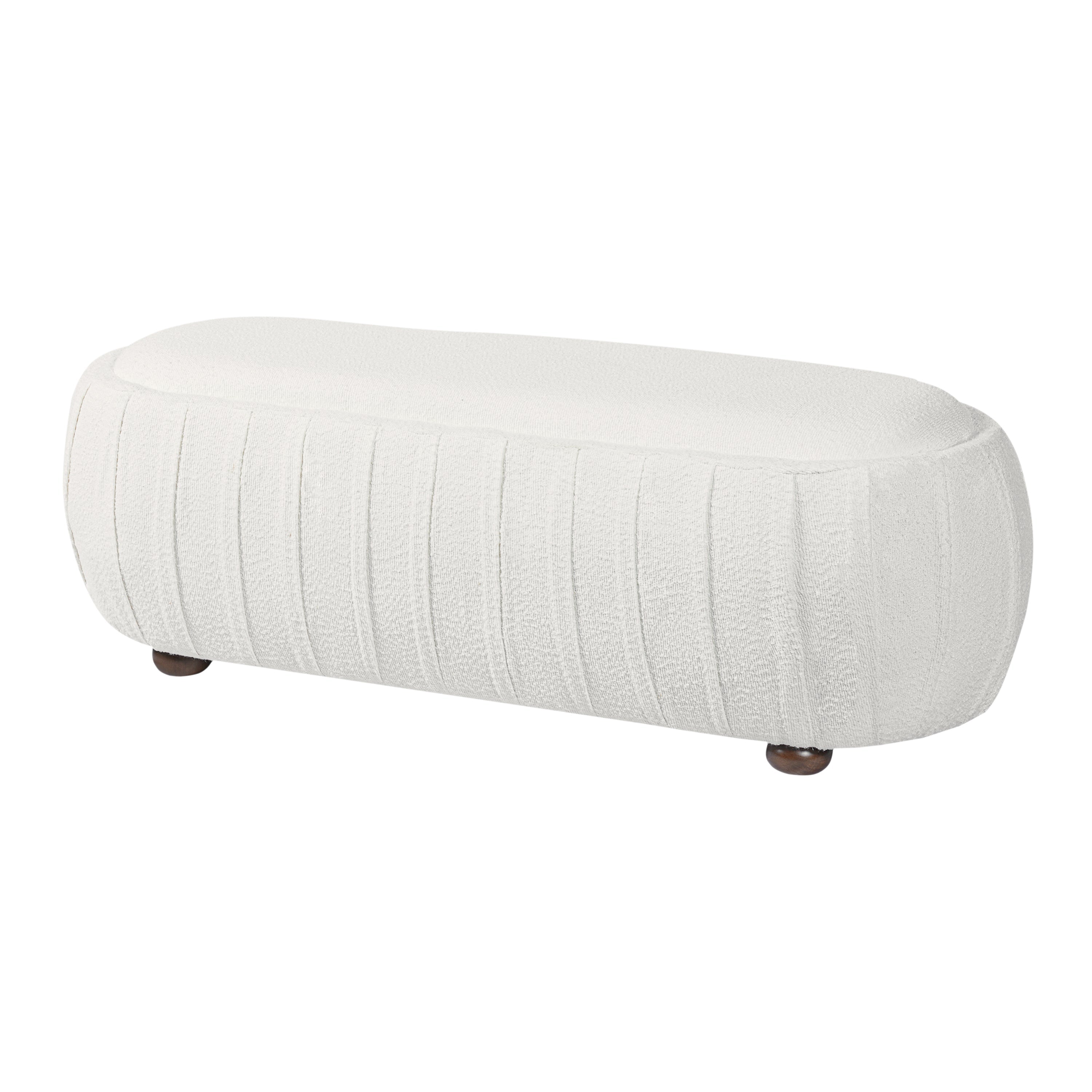 Upholstered Oval Ottoman White Boucle Fabric Rubberwood Legs