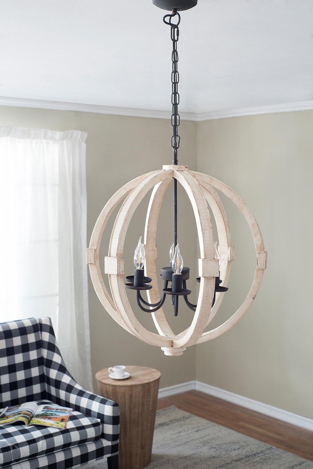 Chandelier Antique Cream 6-Light Pine Wood Iron 22.5 In 26 In