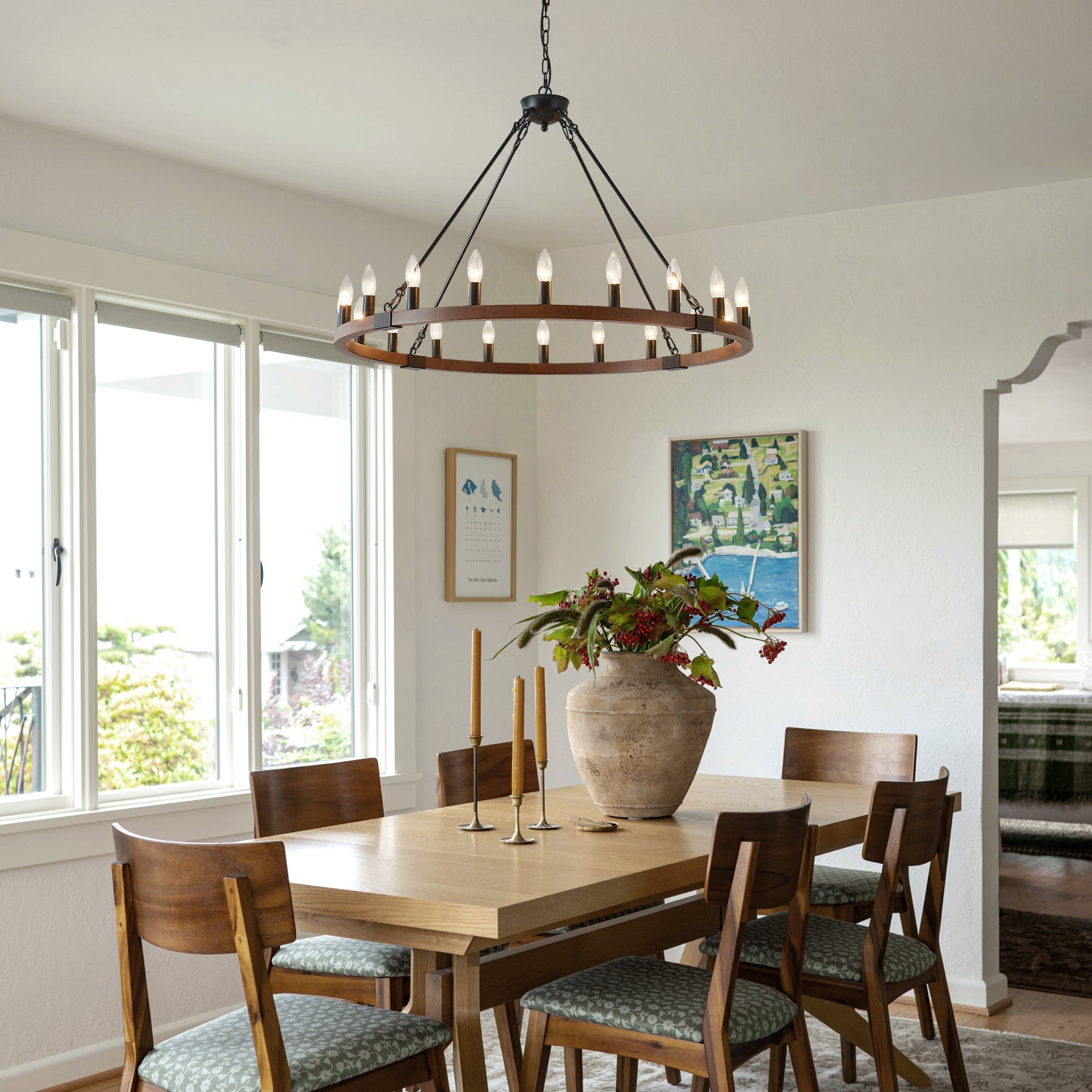 Chandelier Wood Wagon Wheel 20-Light Farmhouse Matte Black 39.3 In