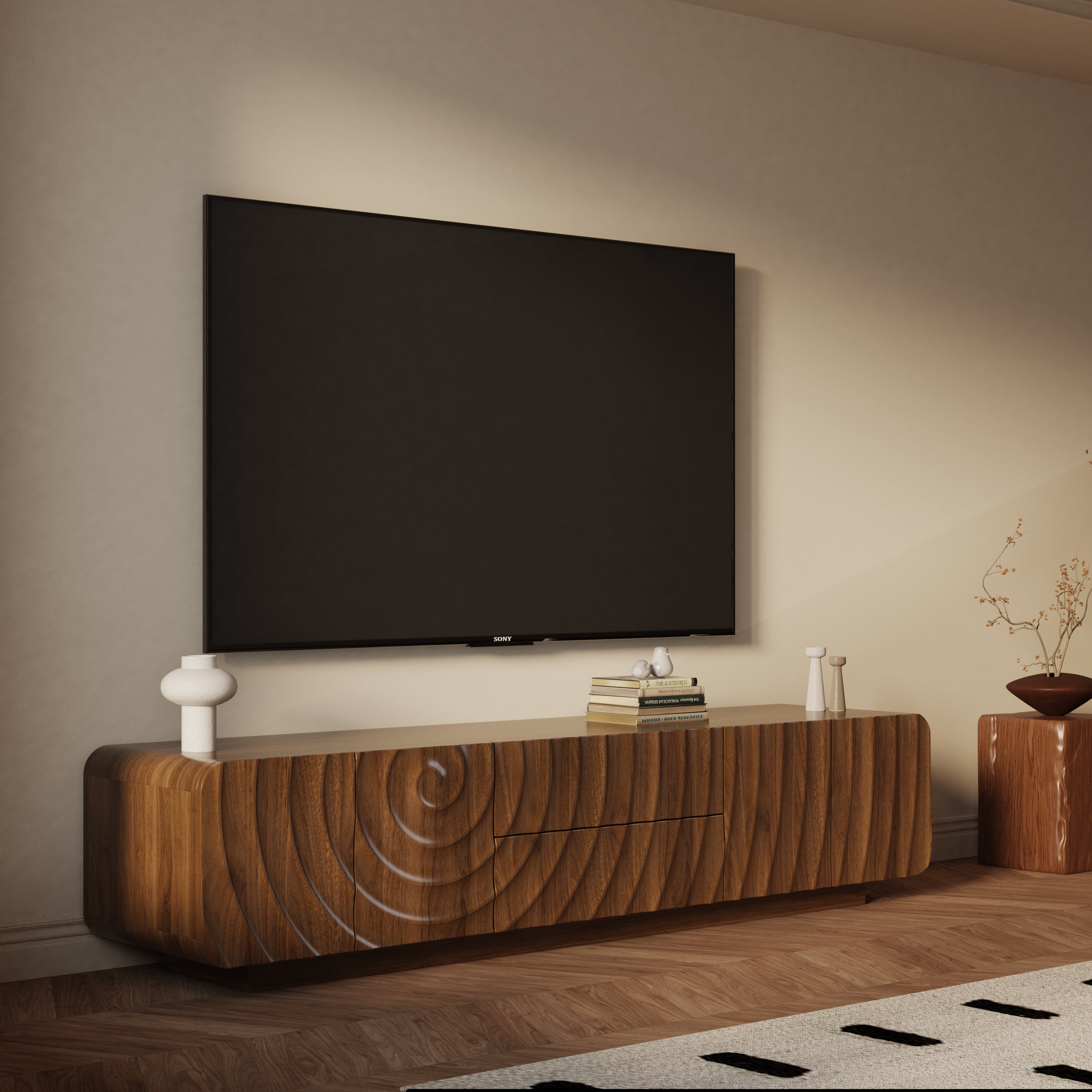 Mid-Century Walnut TV Stand Floating Base for 85" TVs