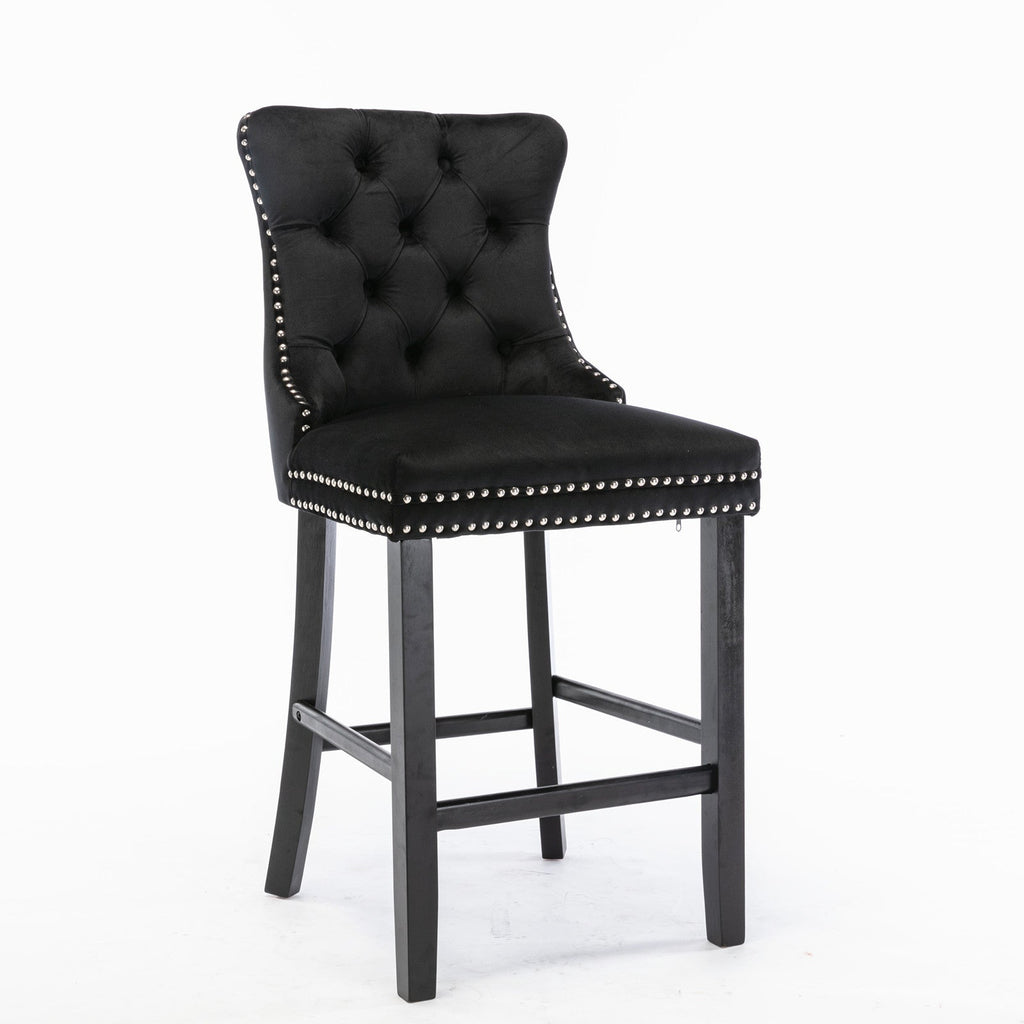 Contemporary Velvet Upholstered Barstools Button Tufted with Wood Legs, Set of 2, Black