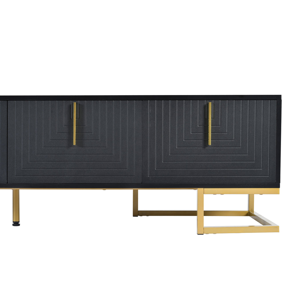 TV Stand Modern Black Gold Geometric Door MDF Adjustable Shelves Fits 80 In