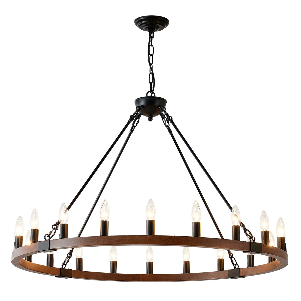 Chandelier Wood Wagon Wheel 20-Light Farmhouse Matte Black 39.3 In