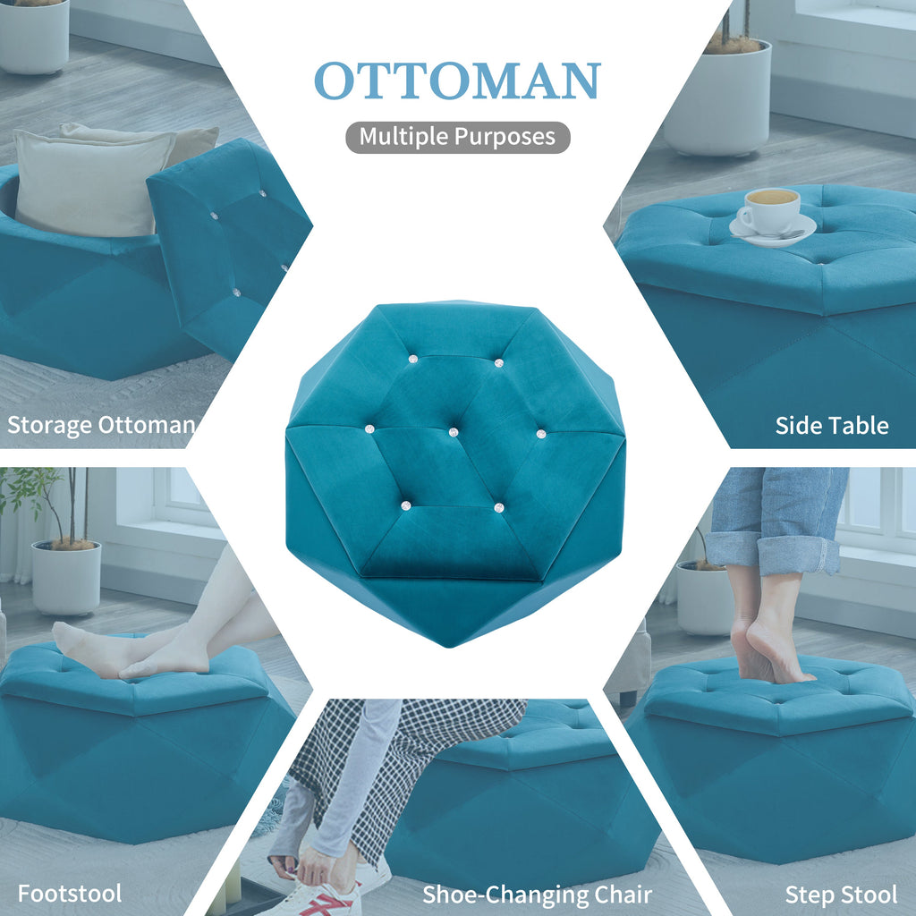 Elegant Velvet Polygon Diamond Tufted Storage Ottoman, Blue
