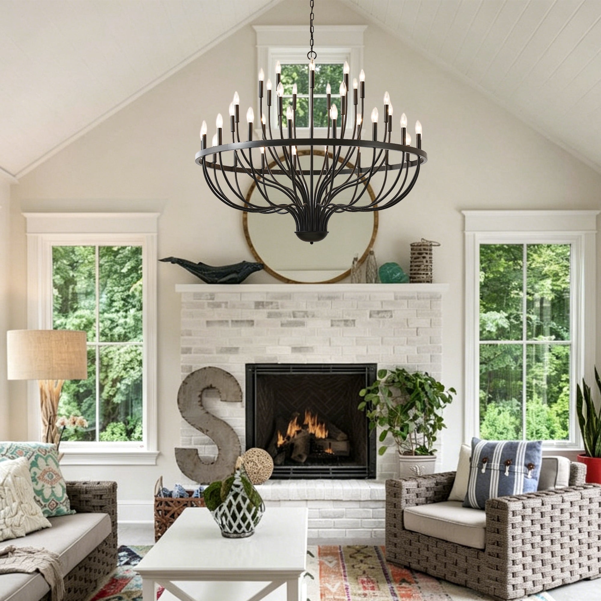 Chandelier 36-Light Black Industrial Iron Candle Farmhouse Pendant