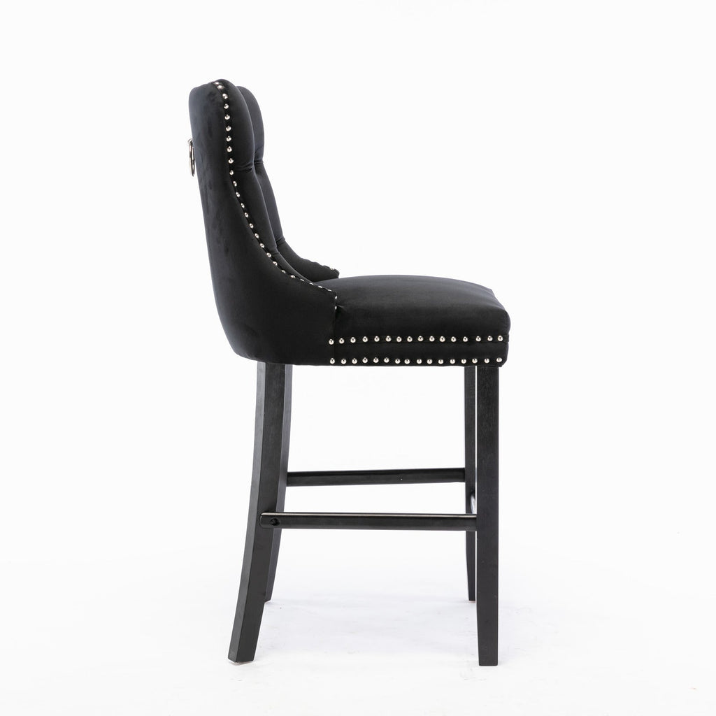 Contemporary Velvet Upholstered Barstools Button Tufted with Wood Legs, Set of 2, Black
